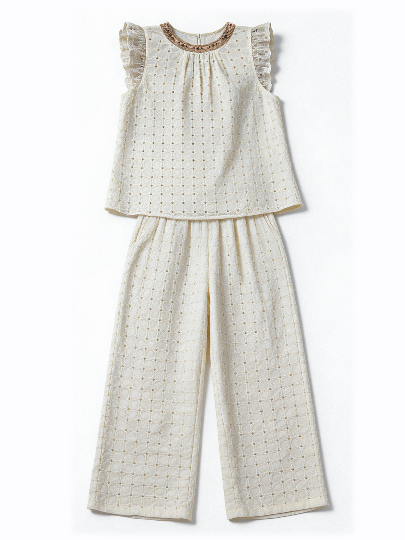 Women's Beige Embroidered Ruffle Sleeveless Top & Wide Leg Pants Set  W-40527+W-40528