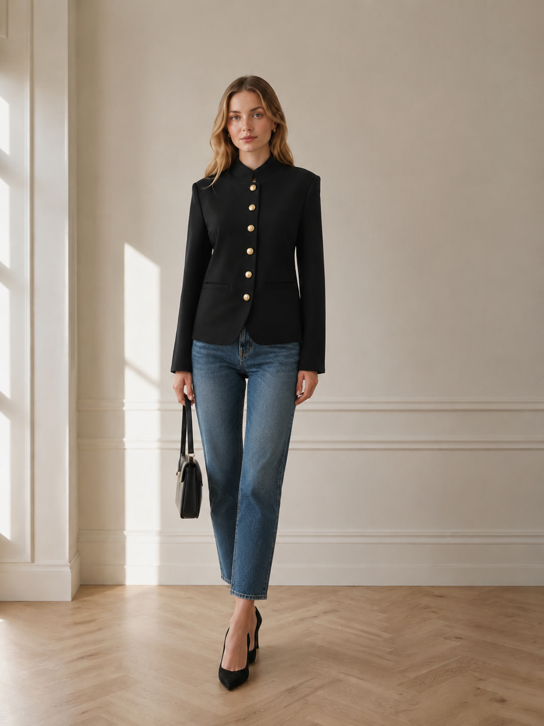 Women’s Gold Button Stand Collar Tailored Blazer W-43164