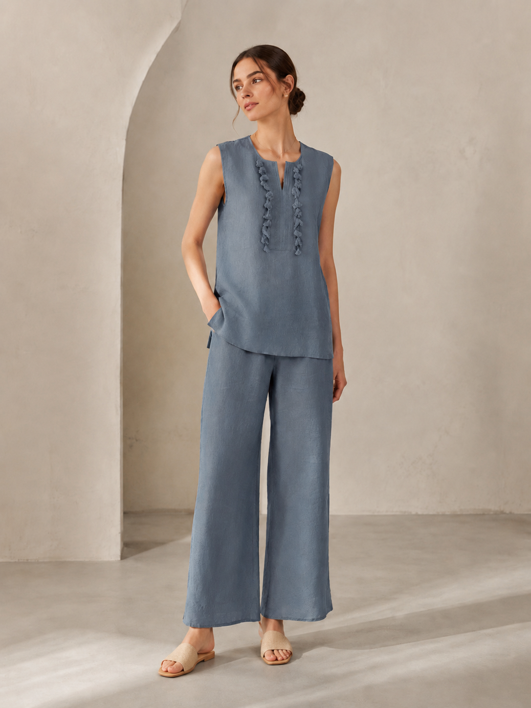 Women’s Linen-Blend Pom-Pom Trim Wide-Leg Co-ord Set XW-42379+XW-42379