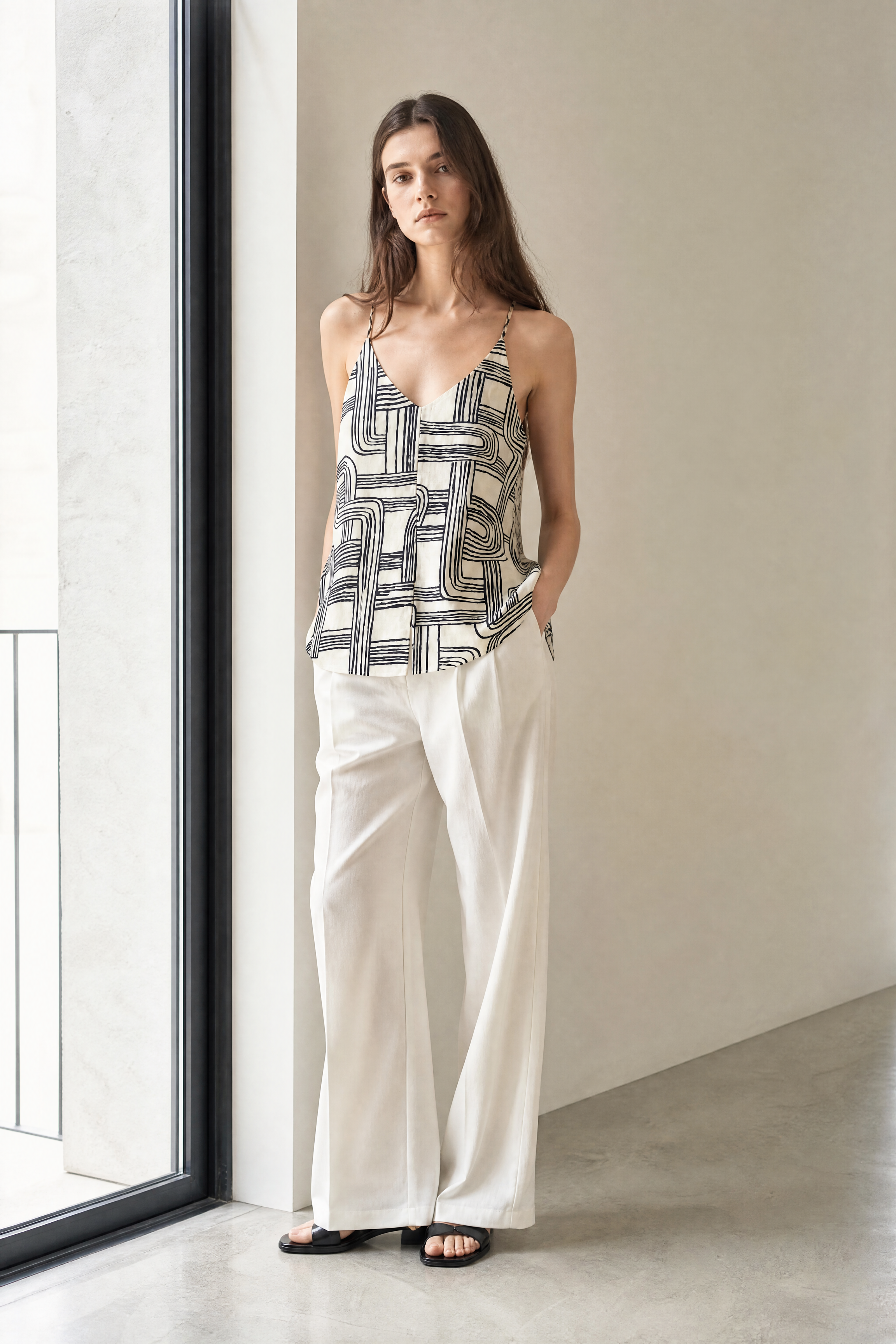 Women’s Geometric Print Spaghetti Strap Cami Top with Ruffle Hem 28011