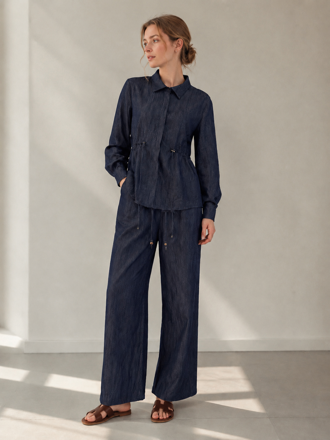 Women’s Denim Look Drawstring Wide Leg Co-ord Set A-43238+A-43237