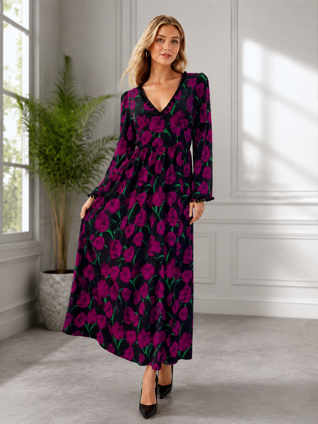 Women’s Boho Floral V-Neck Maxi Dress W-36890