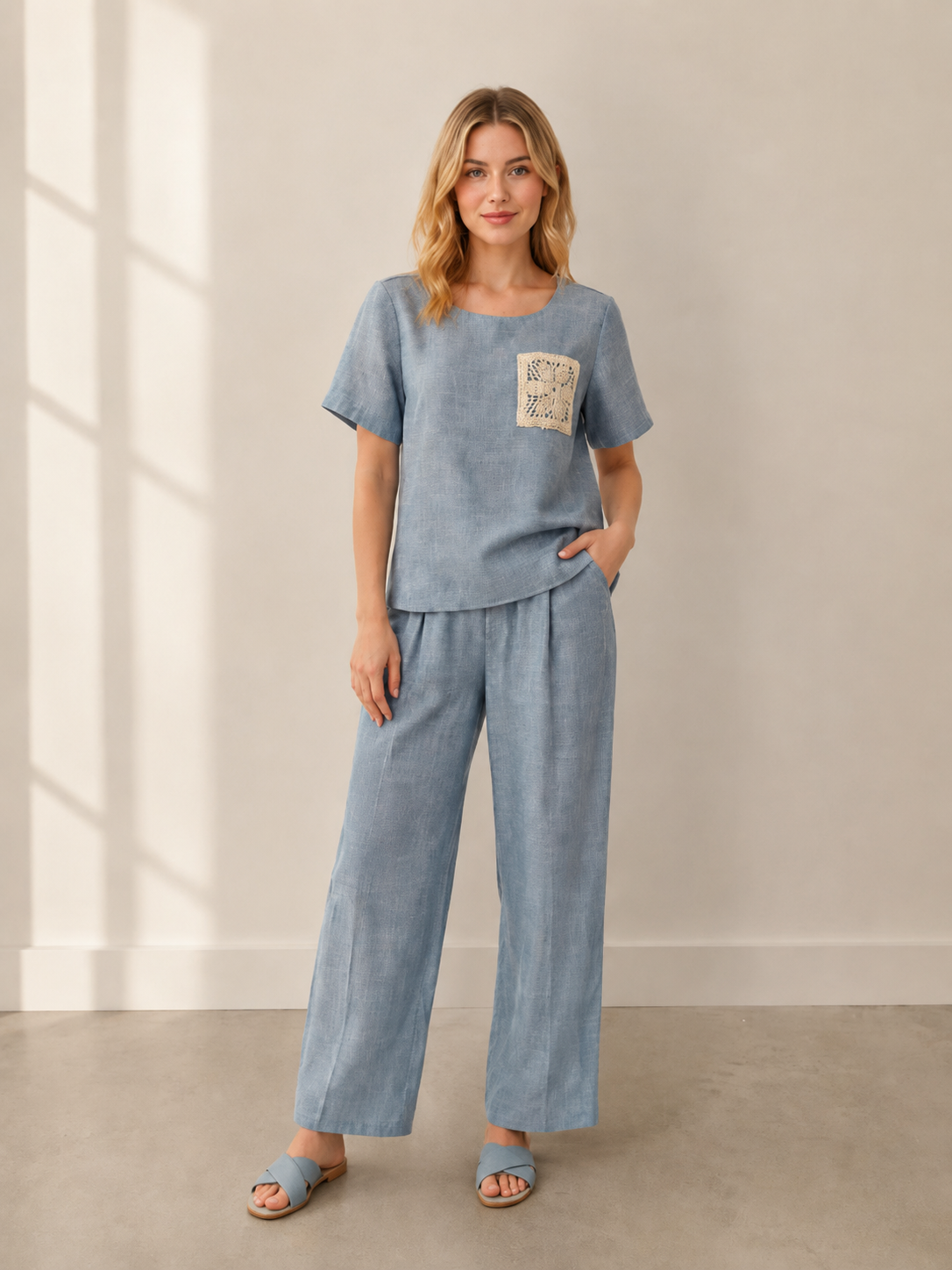 Women’s Linen-Blend Embroidered Pocket Co-ord Set W-42962+W-42961