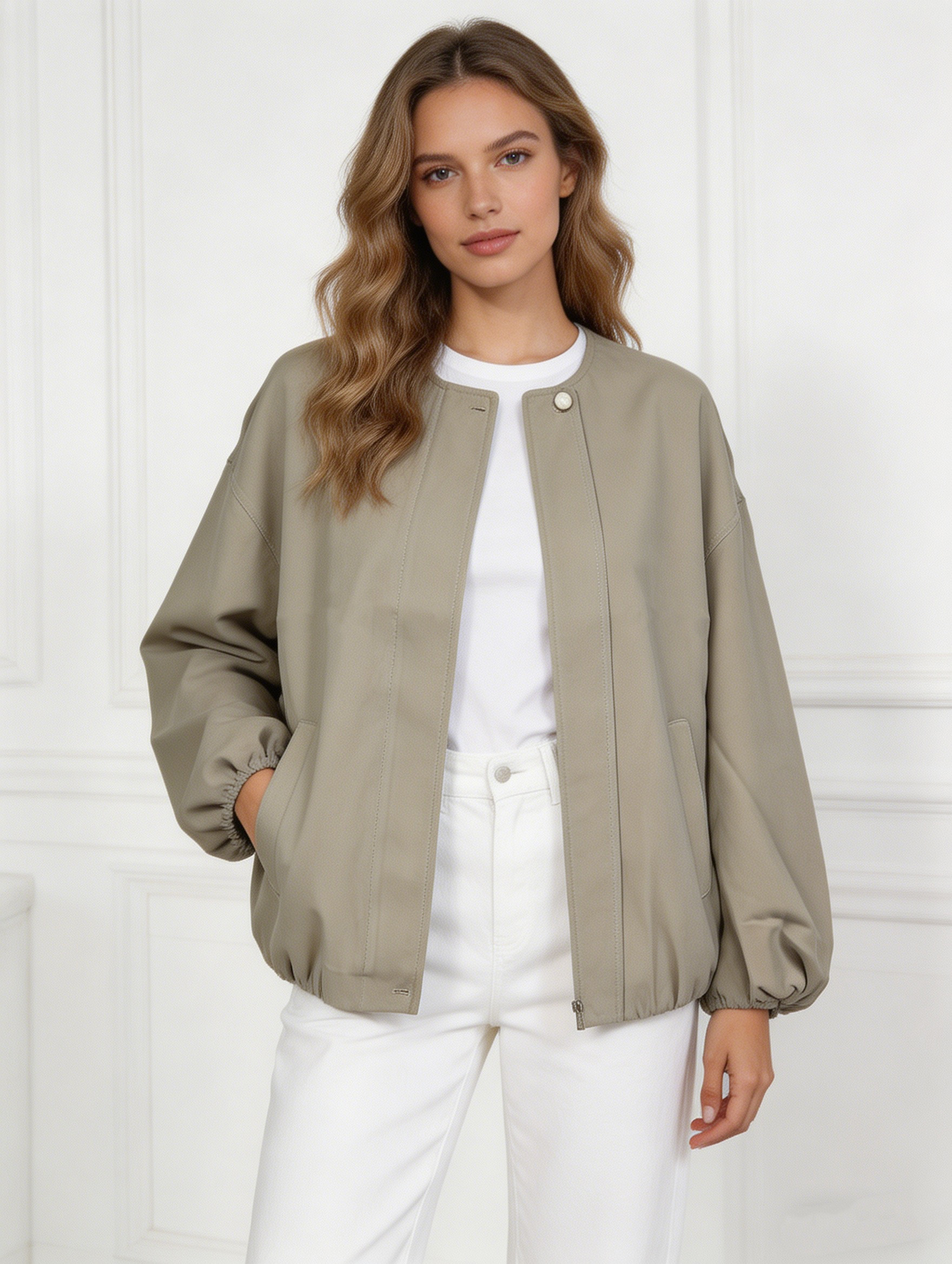 Old Money Style Sage Green Cropped Jacket - Balloon Sleeve Relaxed Fit Coat  57729