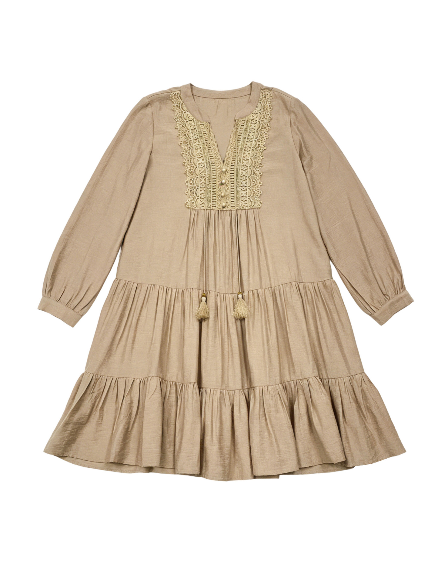 Women’s Boho Lace Panel Tassel Tie Tiered Mini Dress B-42051