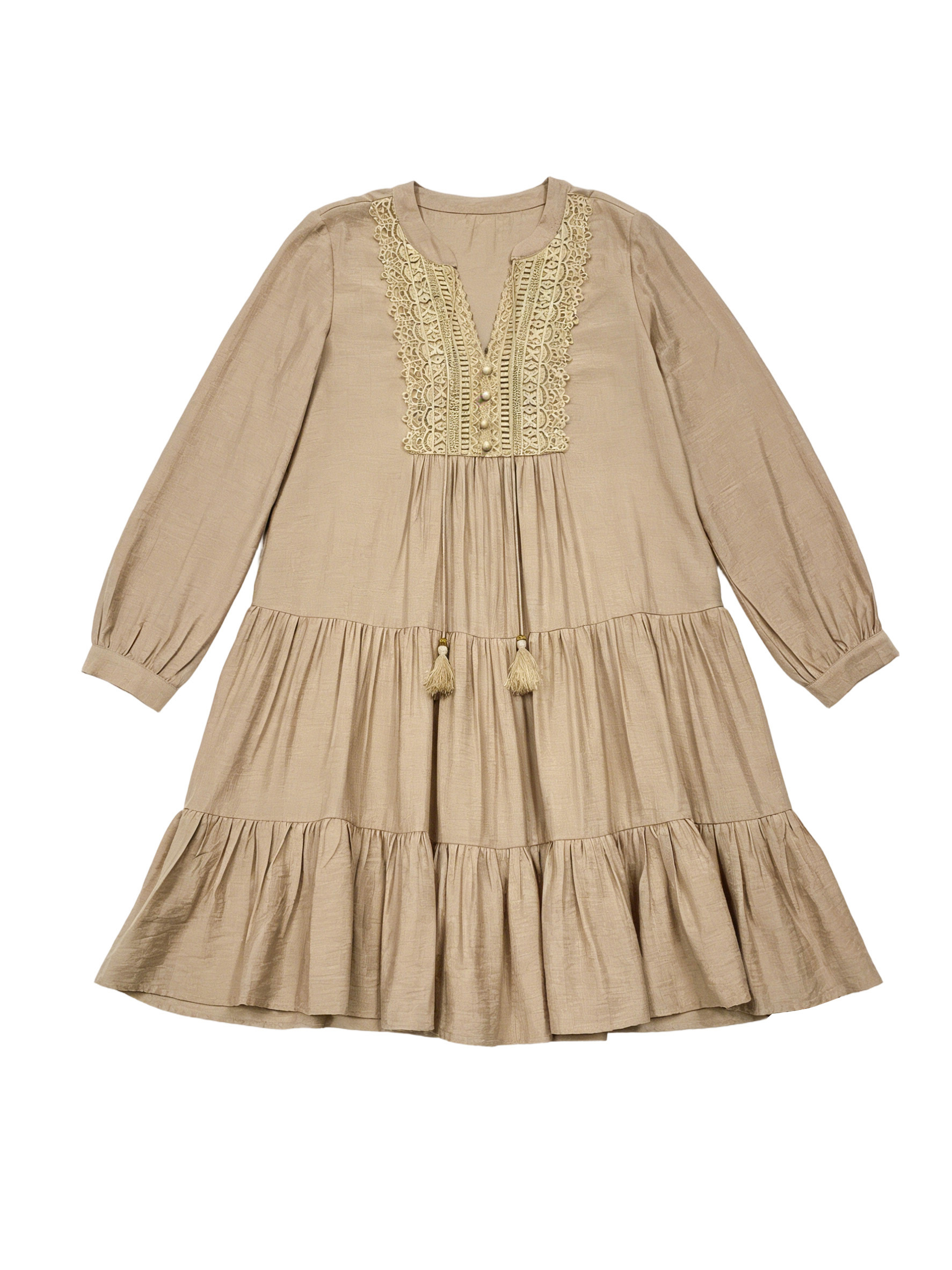 Women’s Boho Lace Panel Tassel Tie Tiered Mini Dress B-42051