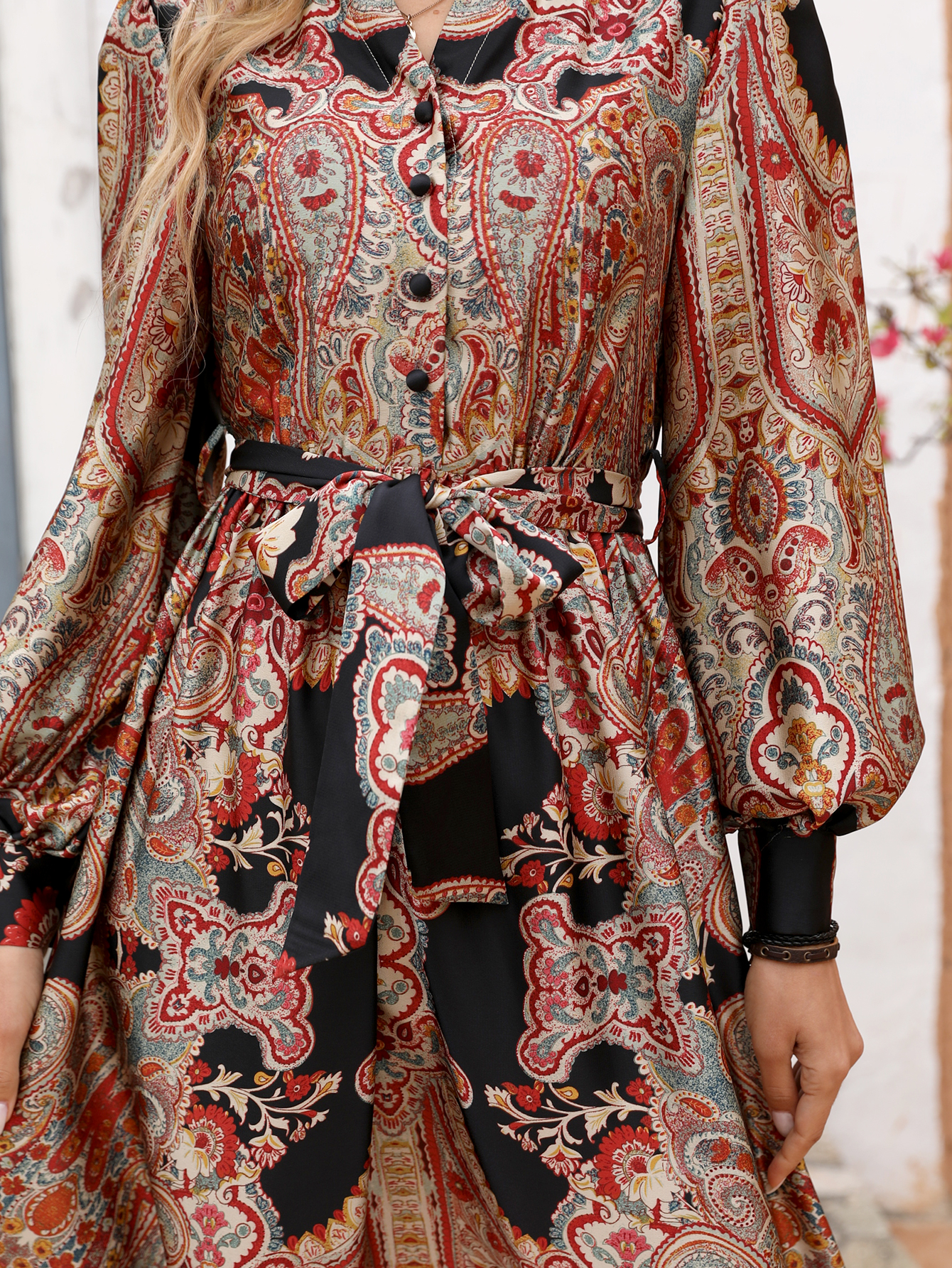 Women’s Vintage Paisley Boho Tie Waist Maxi Dress M-33856