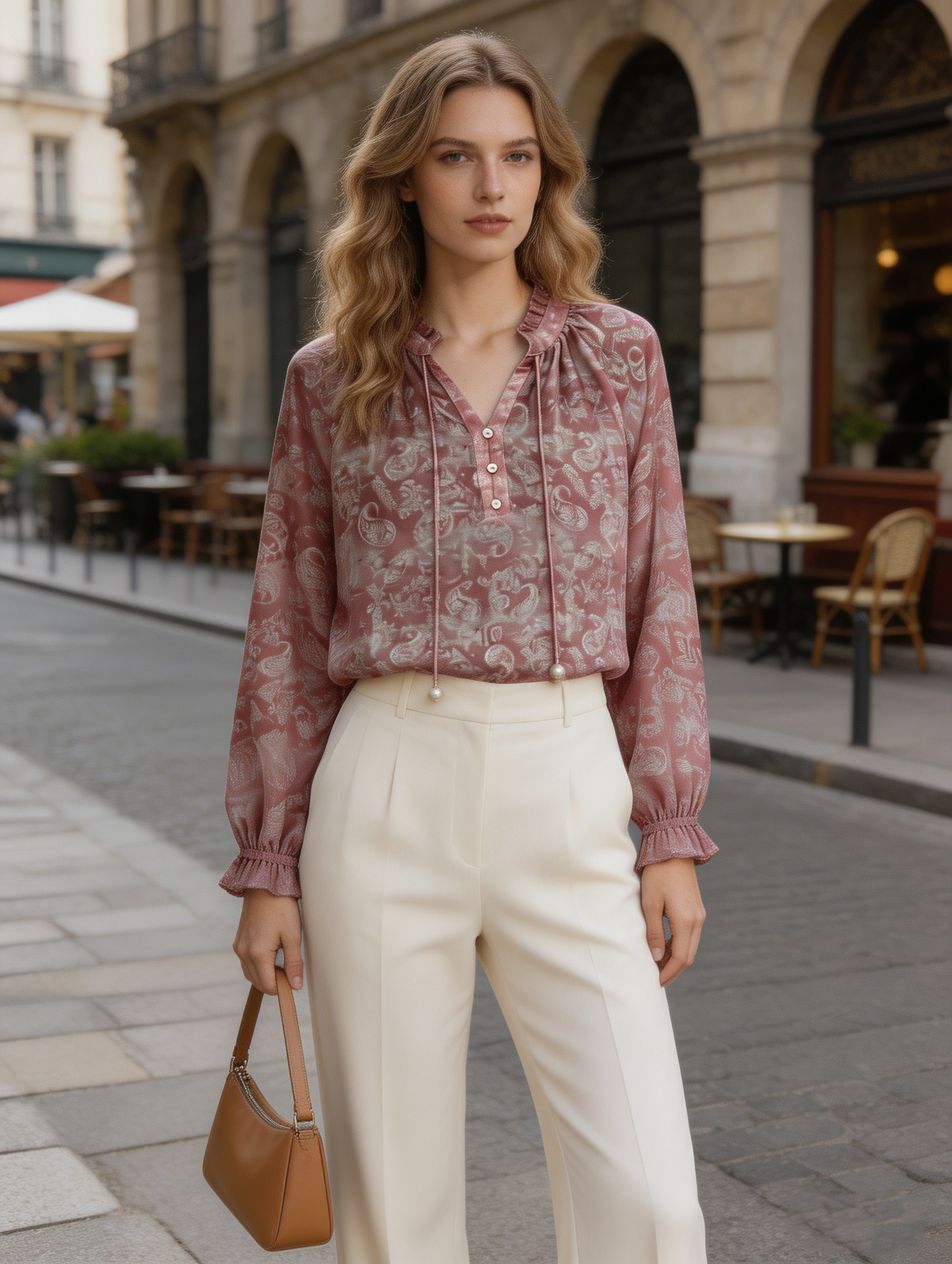 Boho Dusty Pink Paisley Print Shirt - Ruffle Neck Relaxed Fit Blouse N-41540