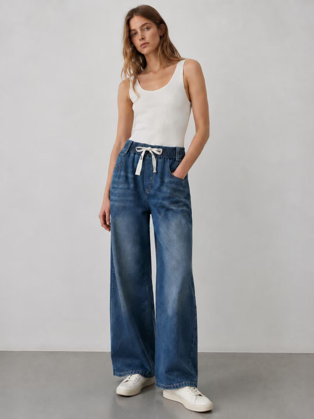 Casual Drawstring Elastic Waist Wide Leg Women Denim Pants ZY6074
