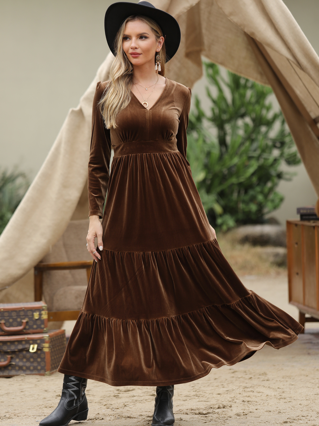 Women’s Fall Velvet Midi Dress with V Neck – Casual Western Style D-33660