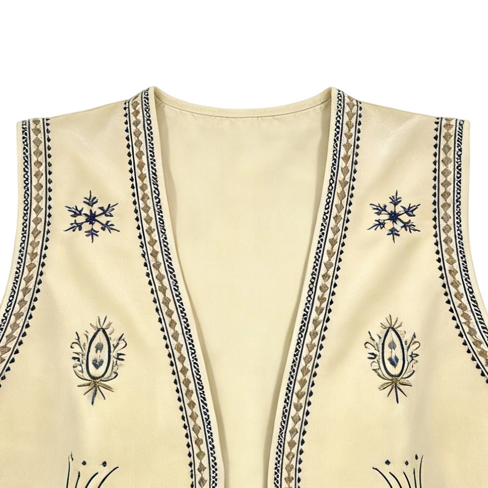 Handmade Floral Embroidered Vest - Beige Bohemian Sleeveless Outerwear AN-980010