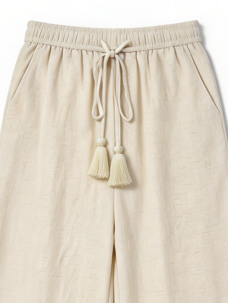 Cream Linen-Blend Embroidered Two-Piece Set - Casual Outfit W-43021+M-42740