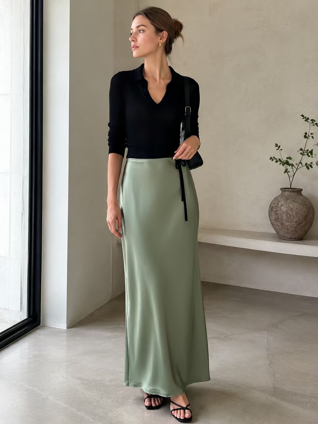Women’s Satin High Waist Slip Midi Skirt LA-030409