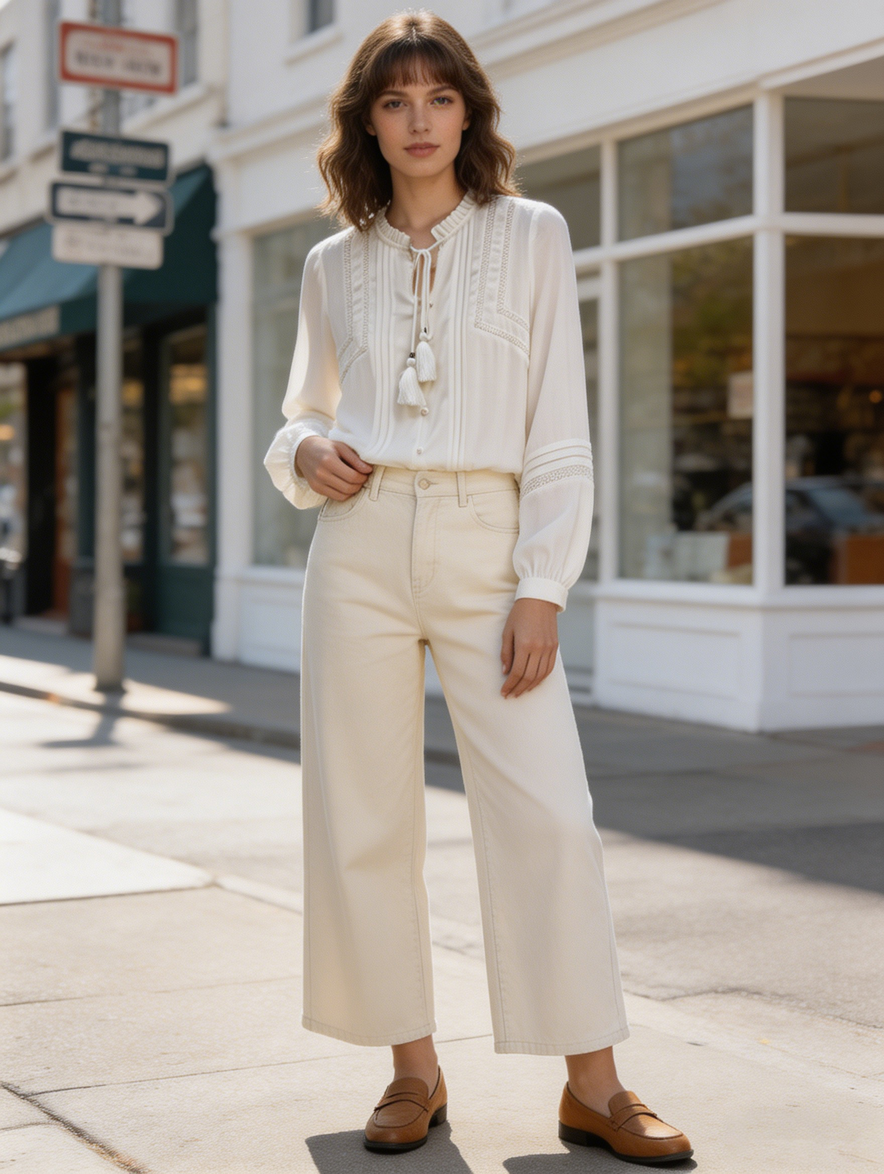 White Tassel Tie Ruffle Neck Blouse - Boho Long Sleeve Top Y-39781