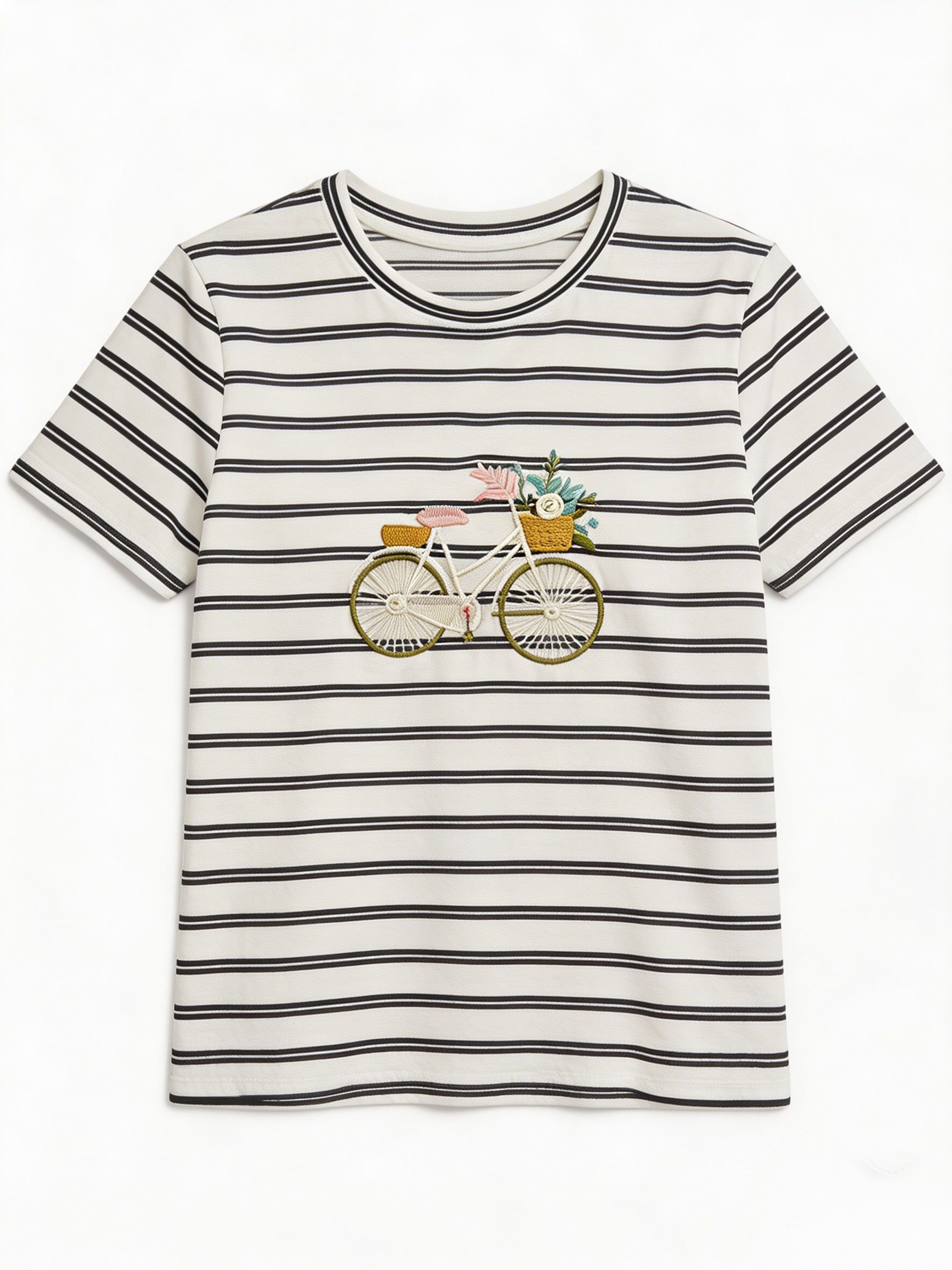 Women’s Striped Bicycle Embroidered T-Shirt M-43091