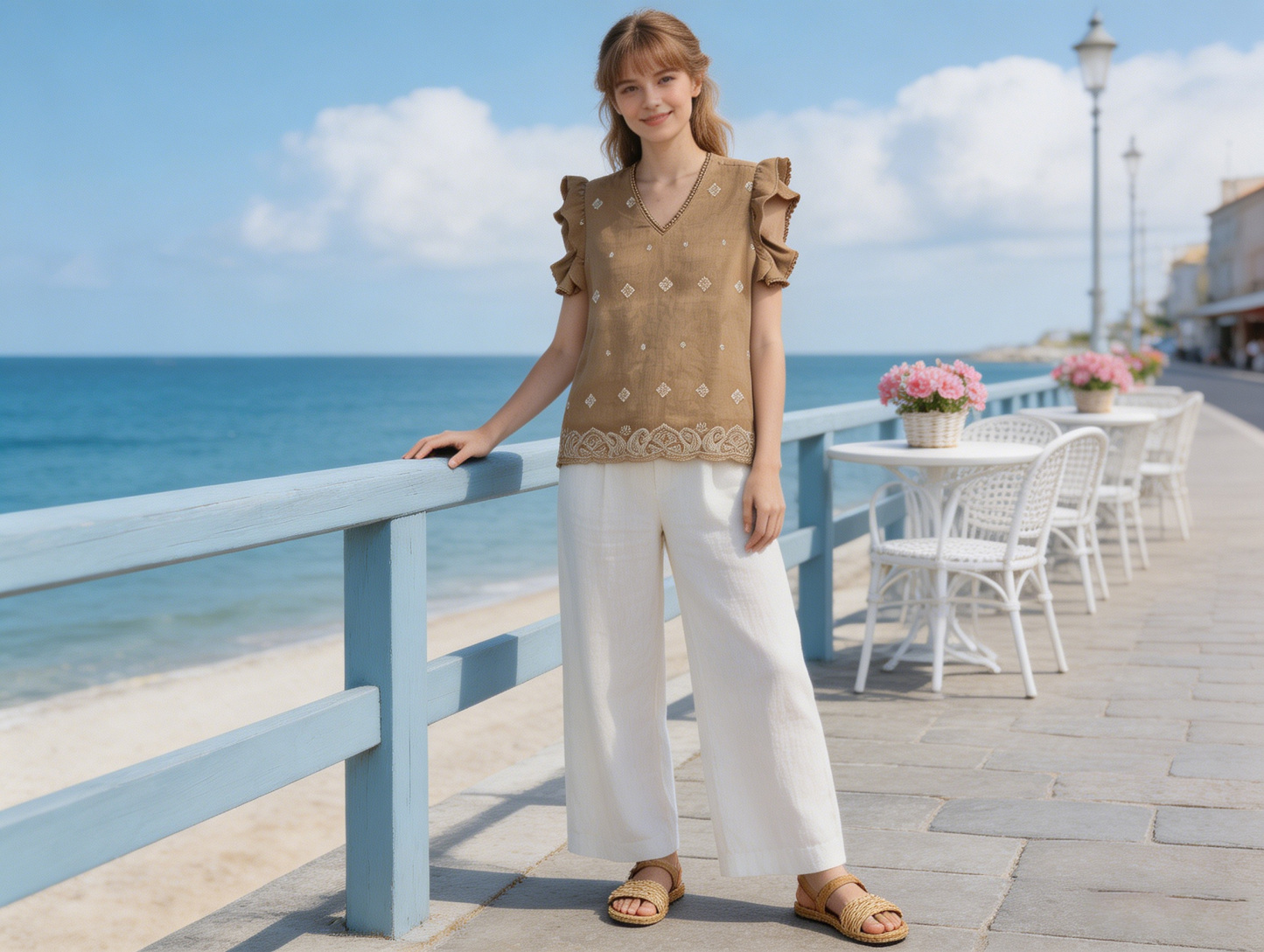 White Gold Paisley Embroidered Ruffle Sleeve Blouse - Boho V-Neck Top AN-710001