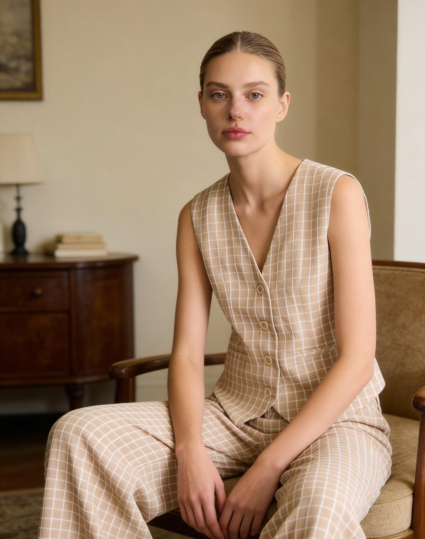 Chic Beige Check Co-ord Set - Tailored Vest & High Waist Trousers  A-42111A+A-42112