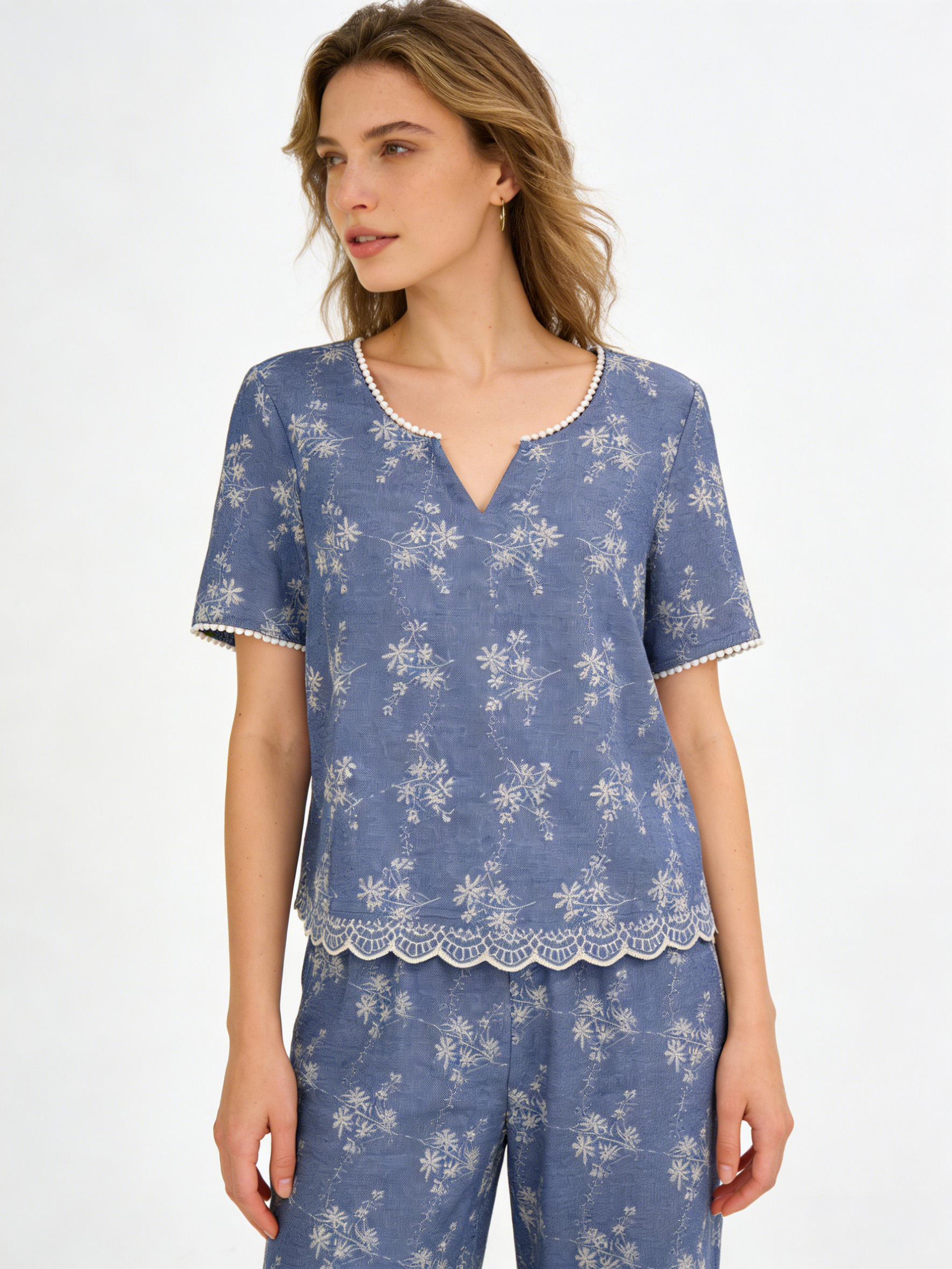 Women Boho Floral Embroidered Short Sleeve Top C-42396