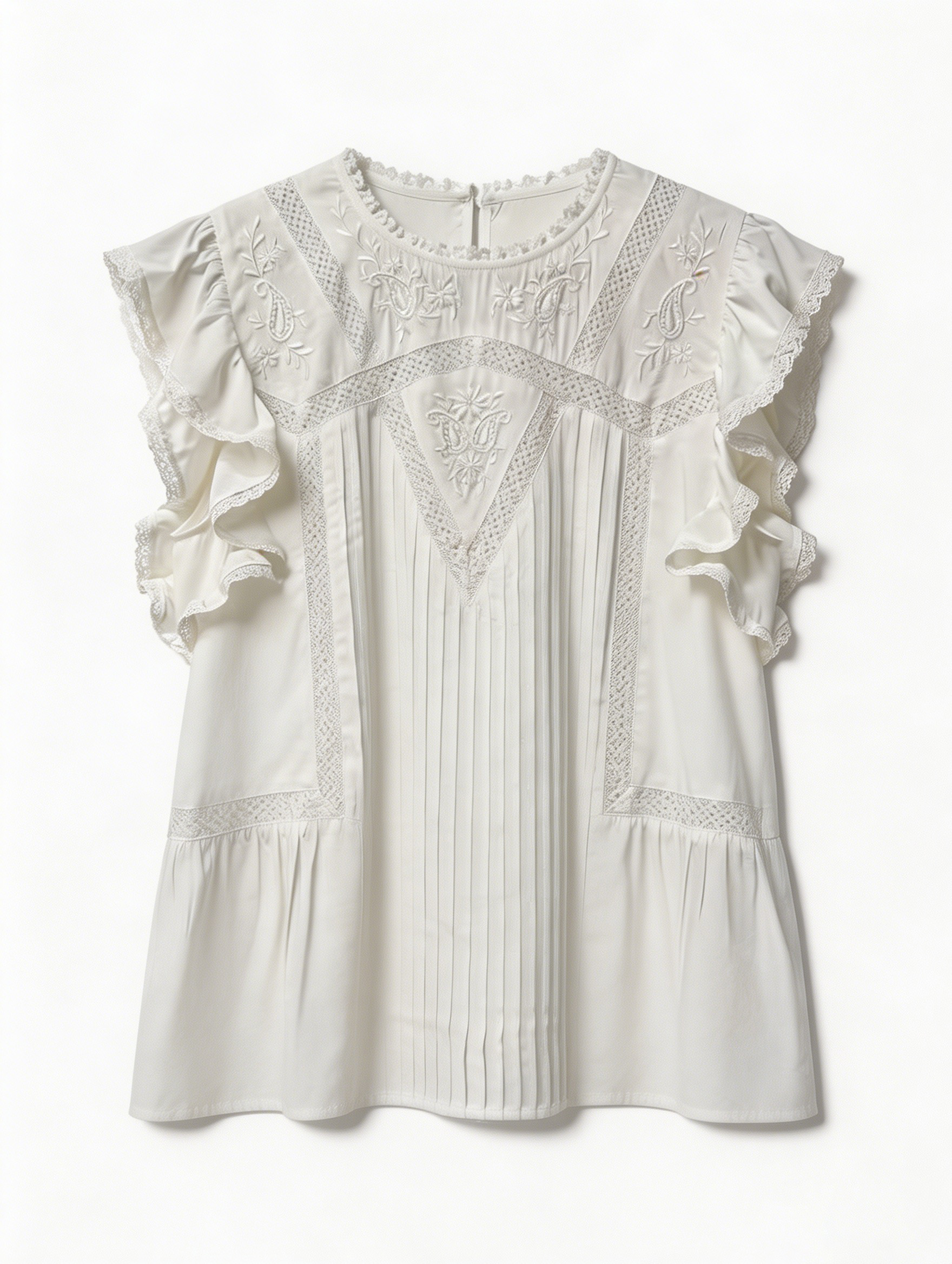 Lace Panel Pleated Ruffle Blouse - Premium Boho Chic Top D-41997