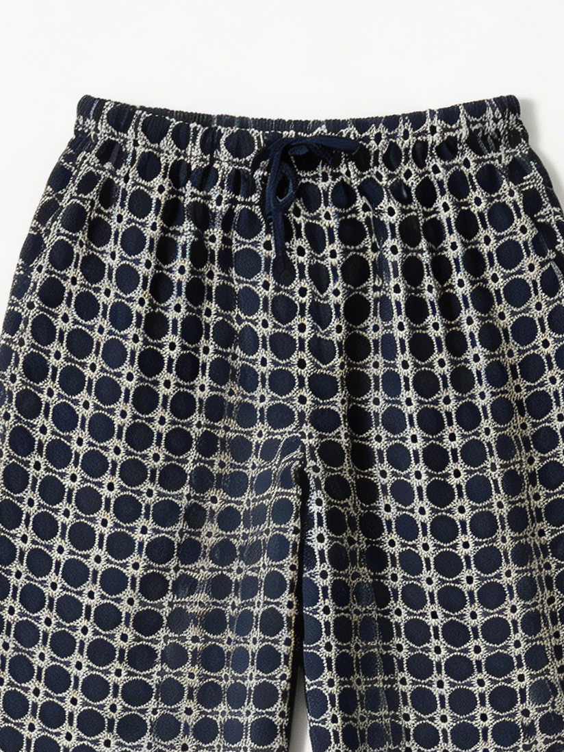Women's Navy Geometric Circle Print Wide Leg Pants - Drawstring Waist Trousers  AN-710013