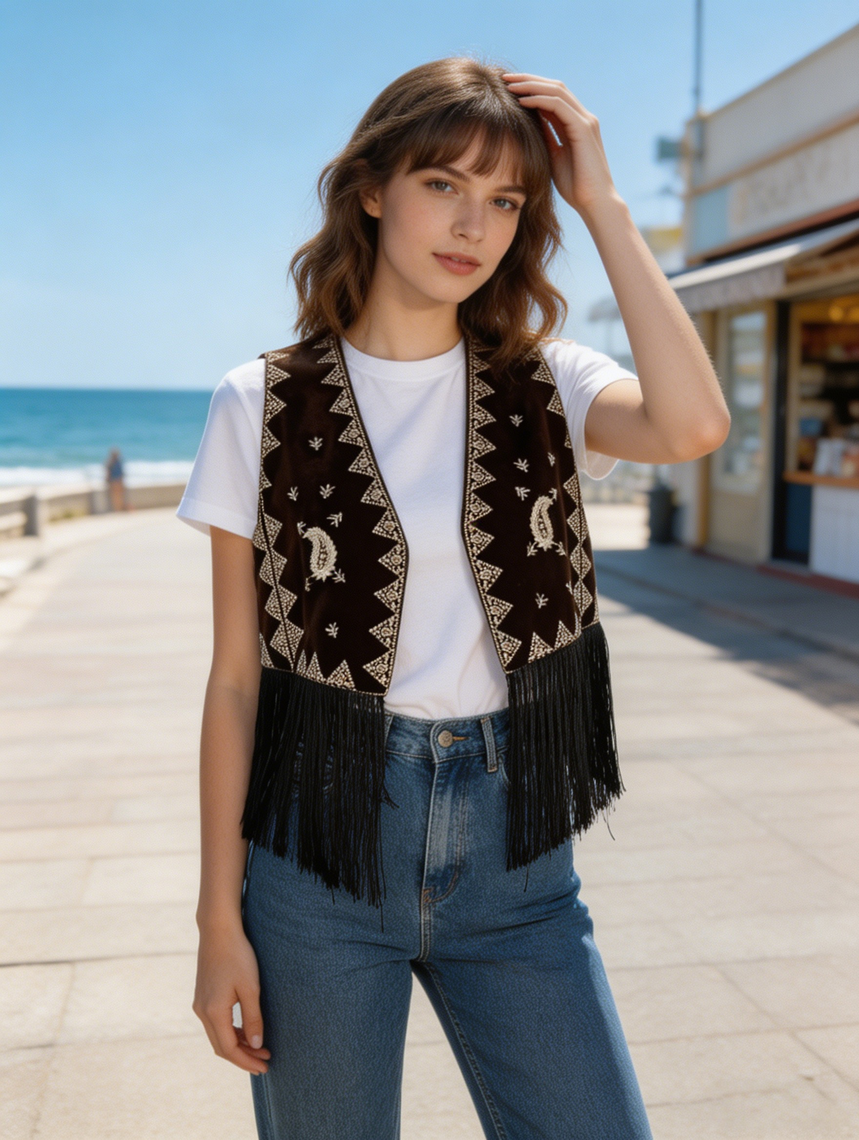Boho Brown Velvet Embroidered Fringe Vest W-33701