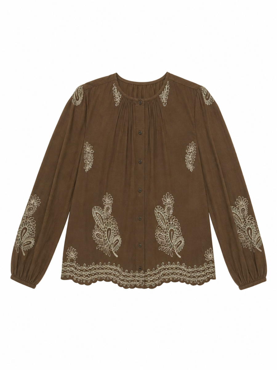 Vintage Bohemian Floral‑Embroidery Shirt W-43354