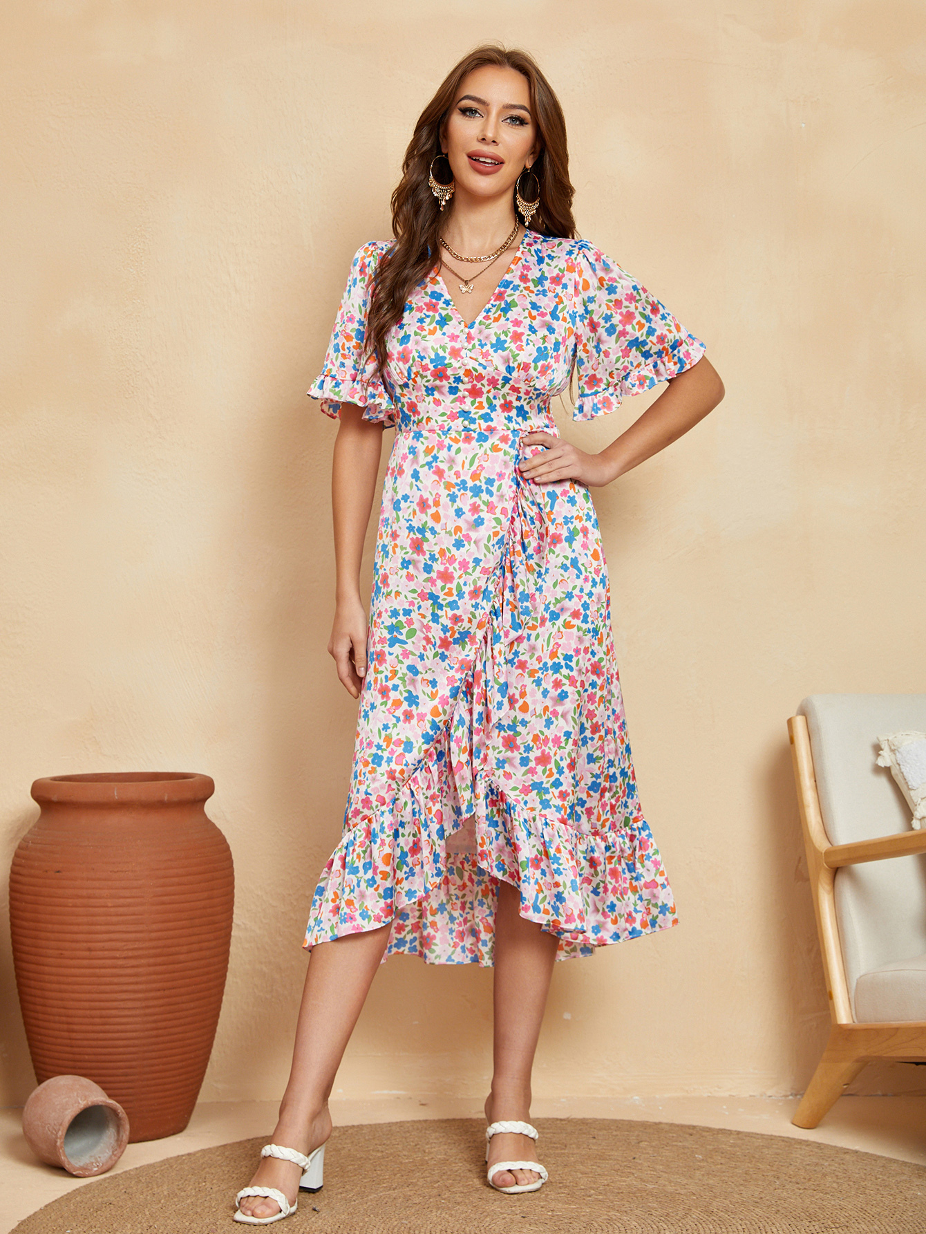 Women’s Boho Floral Wrap Ruffle Hem Midi Dress D-34794