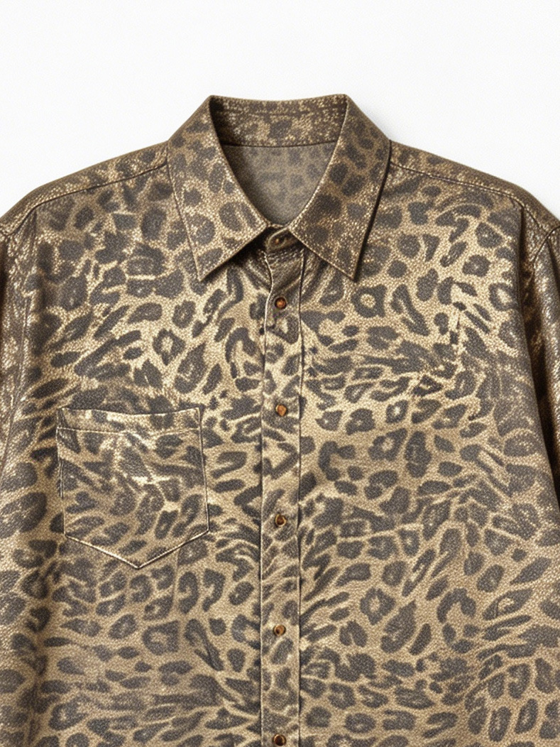 Elegant Gold Leopard Print Blouse - Metallic Finish Casual Shirt  M-41046