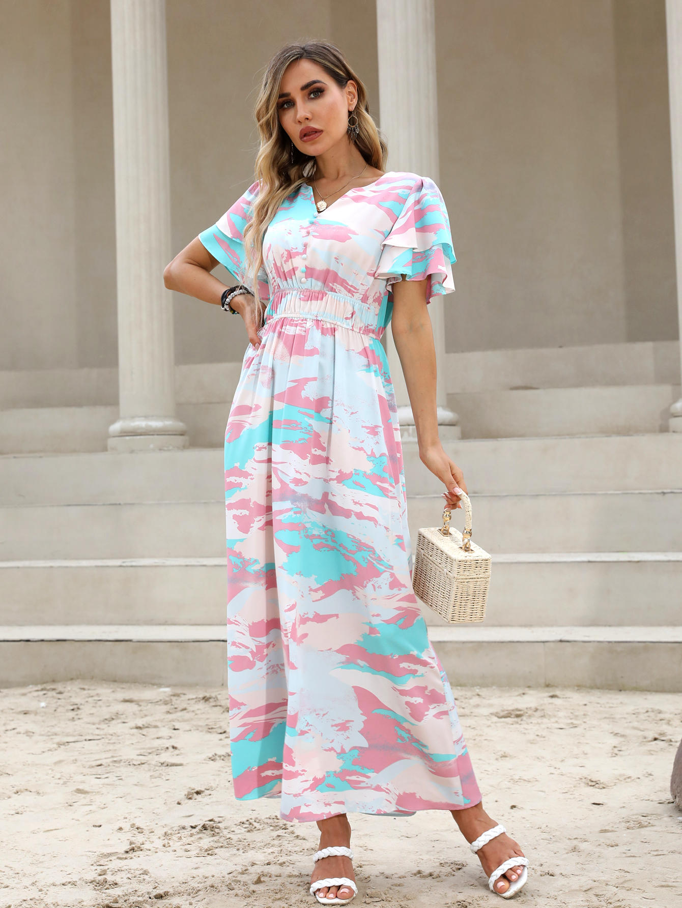 Women’s Abstract Print Maxi Dress with V-Neck & Smocked Waist – Summer Vacation Wear D-32791