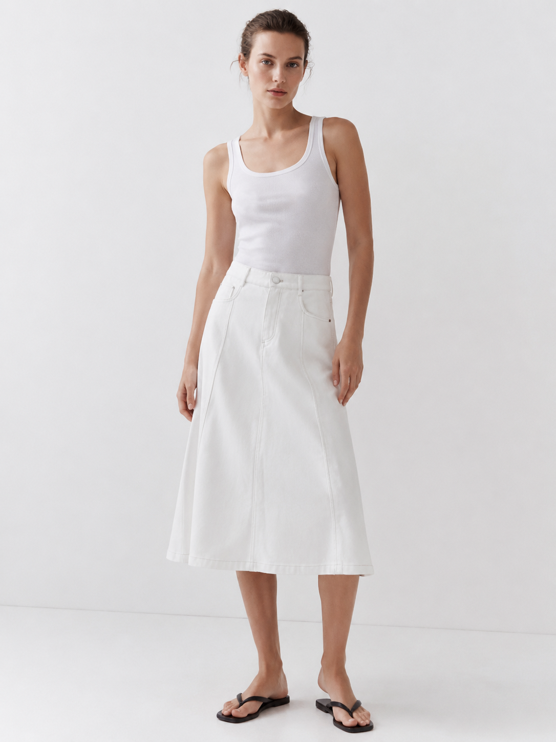 Minimalist White Denim Skirt - High Waist Flared Casual Skirt  A-41942