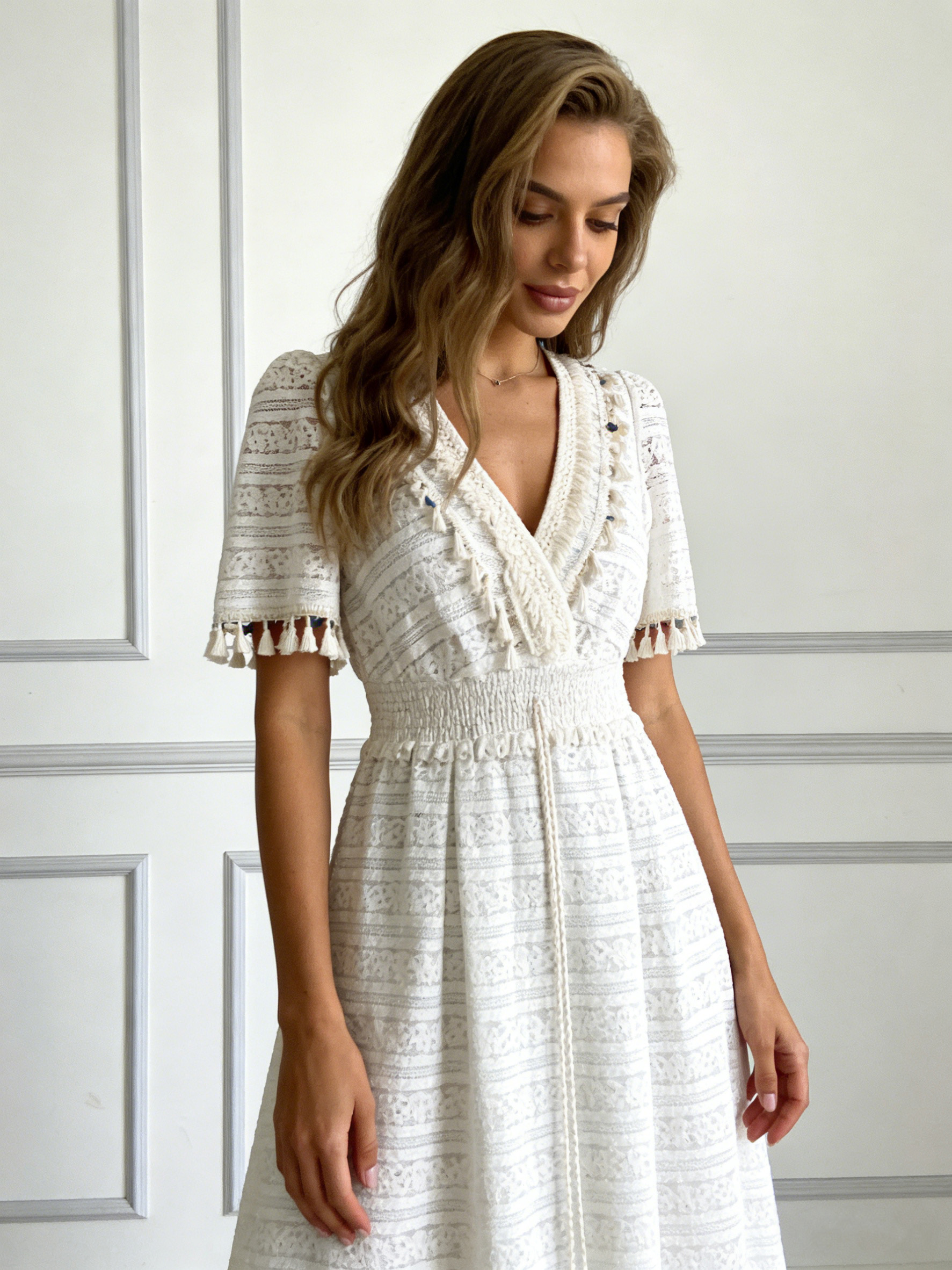 Women’s Boho Crochet Lace Tassel V Neck Maxi Dress W-35095