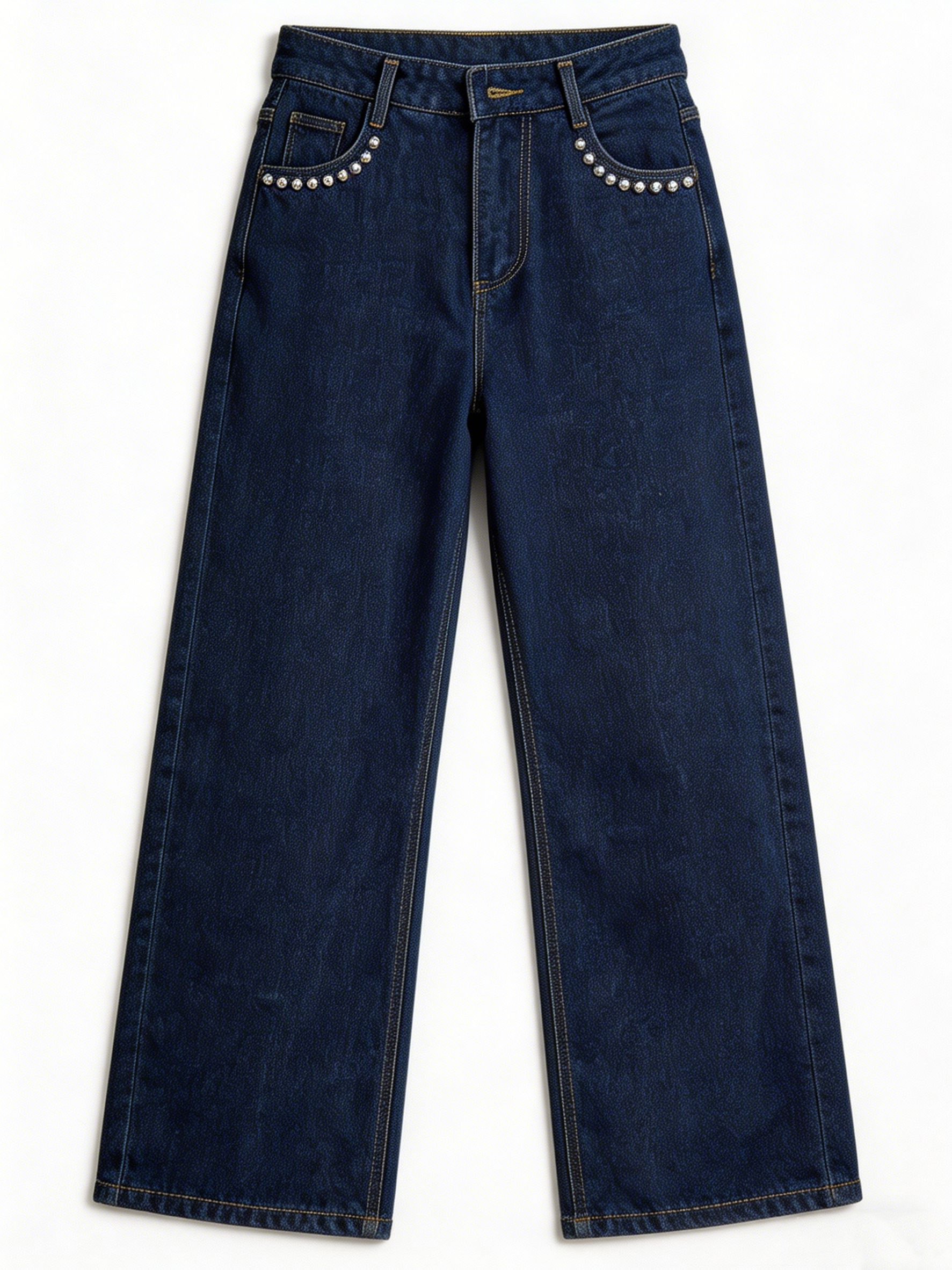Women's Dark Blue High Rise Wide Leg Jeans with Rhinestone Detail ZY6064
