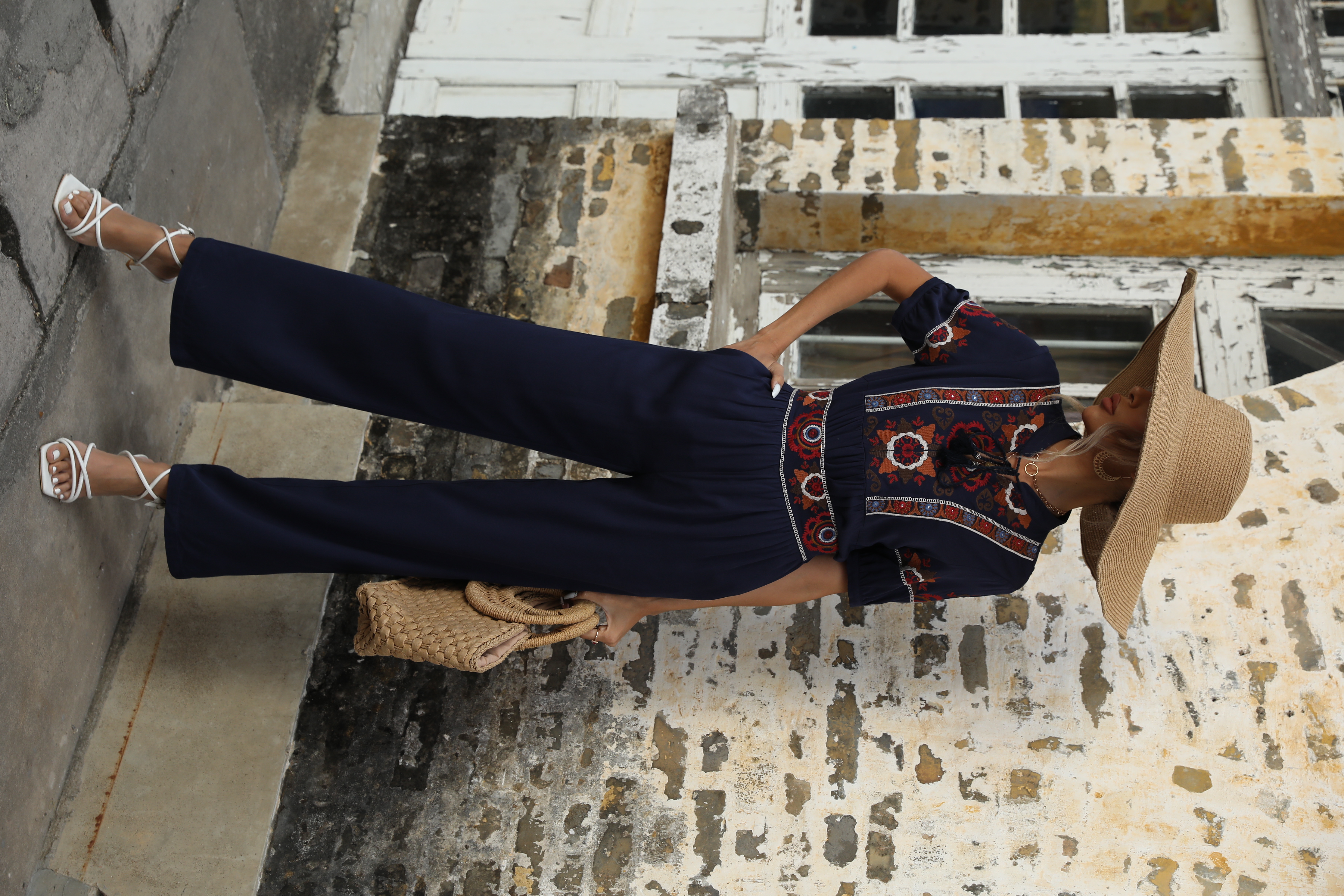 Women Boho Embroidered Short Sleeve Top Wide Leg Pants Summer Two Piece Set W-34428