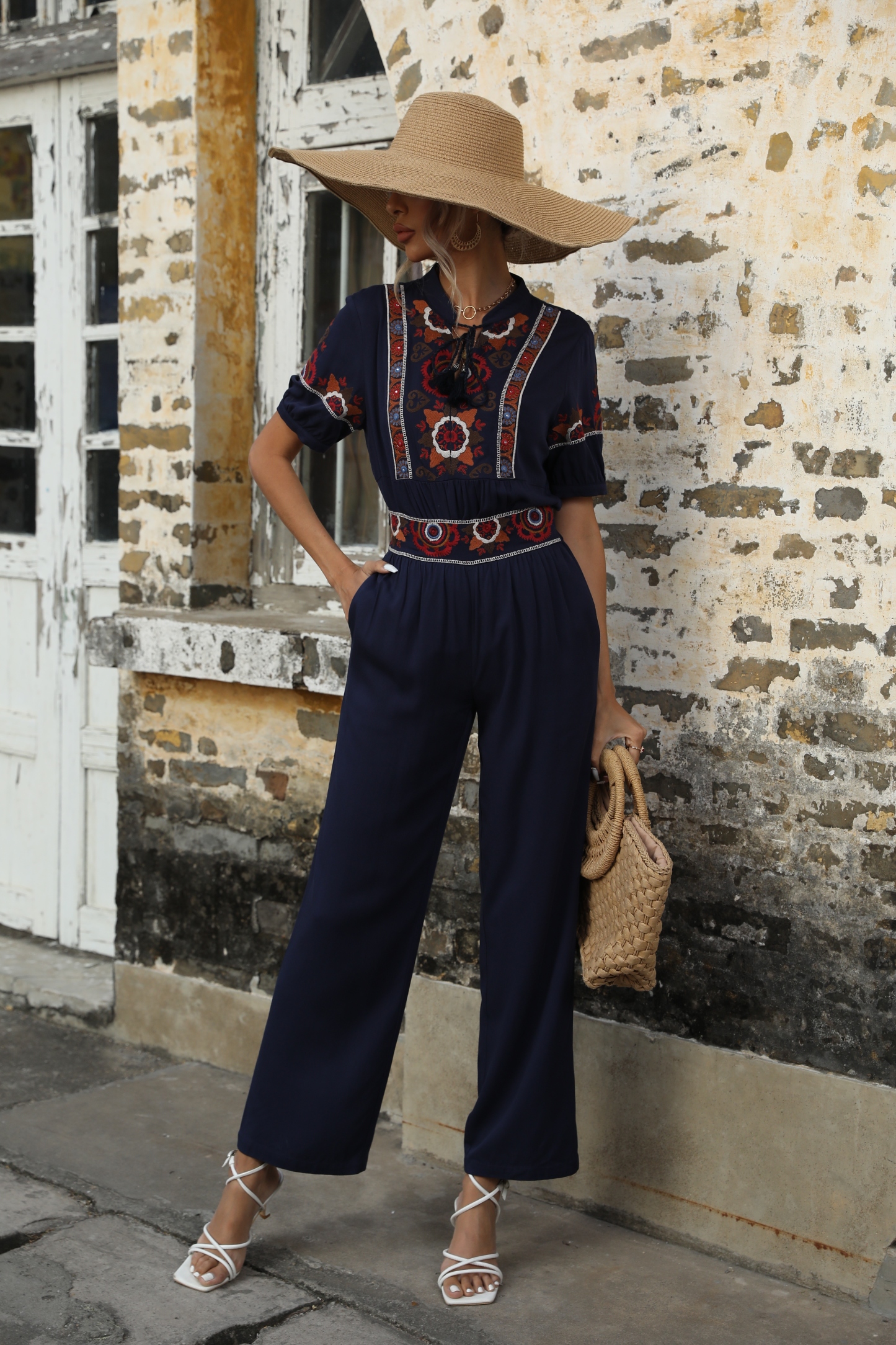 Women Boho Embroidered Short Sleeve Top Wide Leg Pants Summer Two Piece Set W-34428