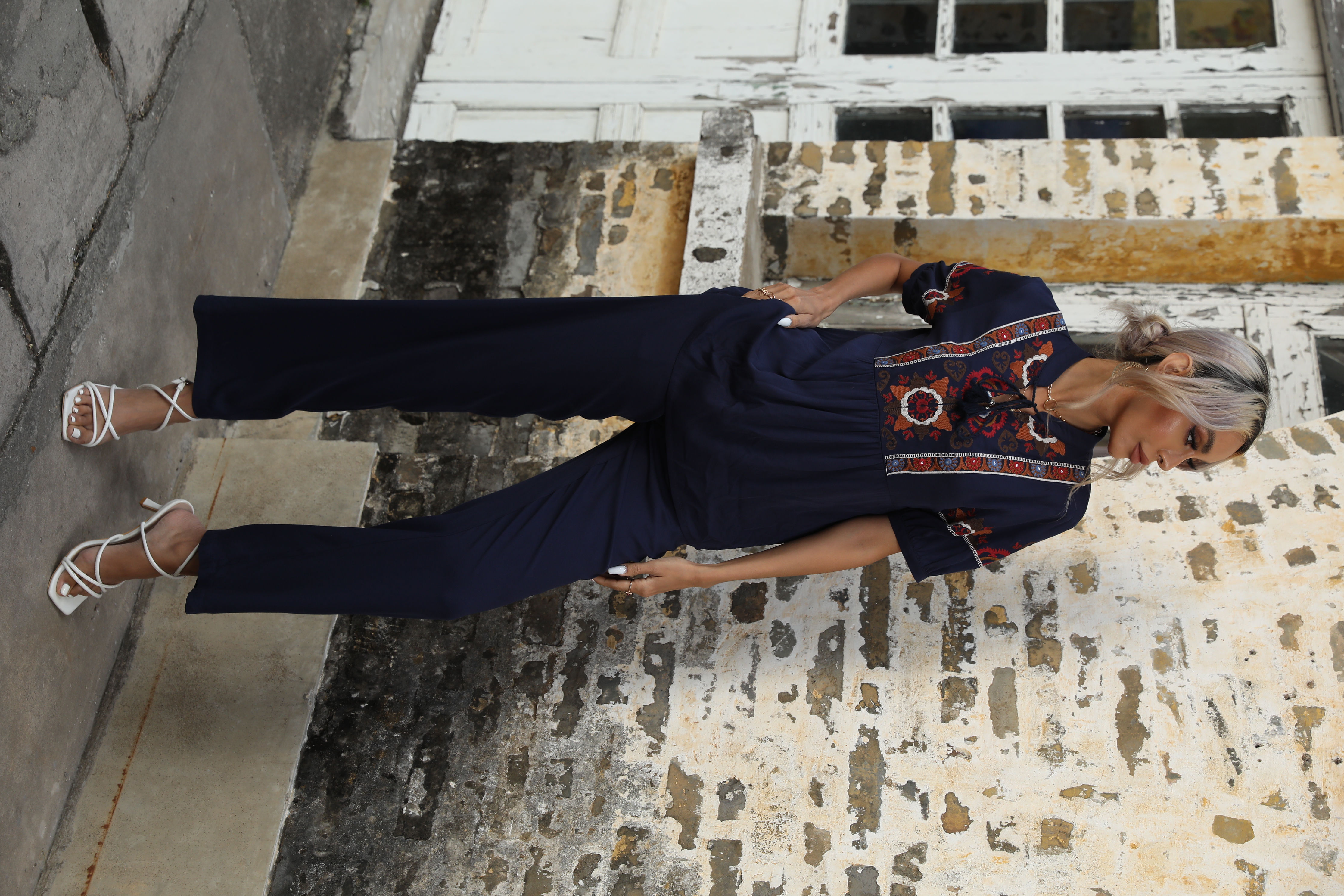 Women Boho Embroidered Short Sleeve Top Wide Leg Pants Summer Two Piece Set W-34428