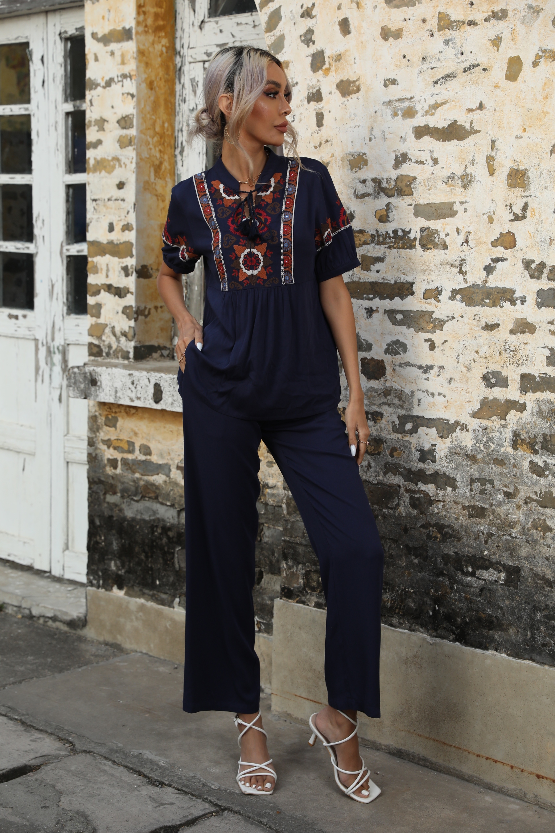 Women Boho Embroidered Short Sleeve Top Wide Leg Pants Summer Two Piece Set W-34428