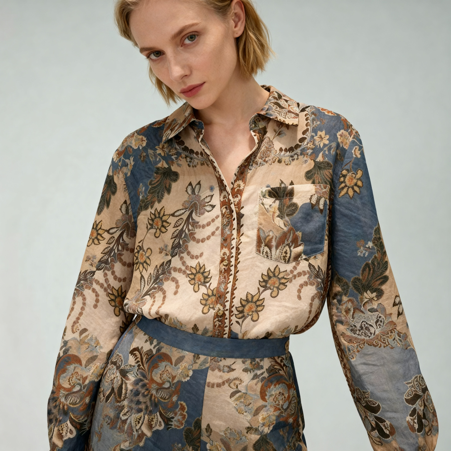 Women’s Boho Floral Chiffon Long Sleeve Button Down Blouse M-41907