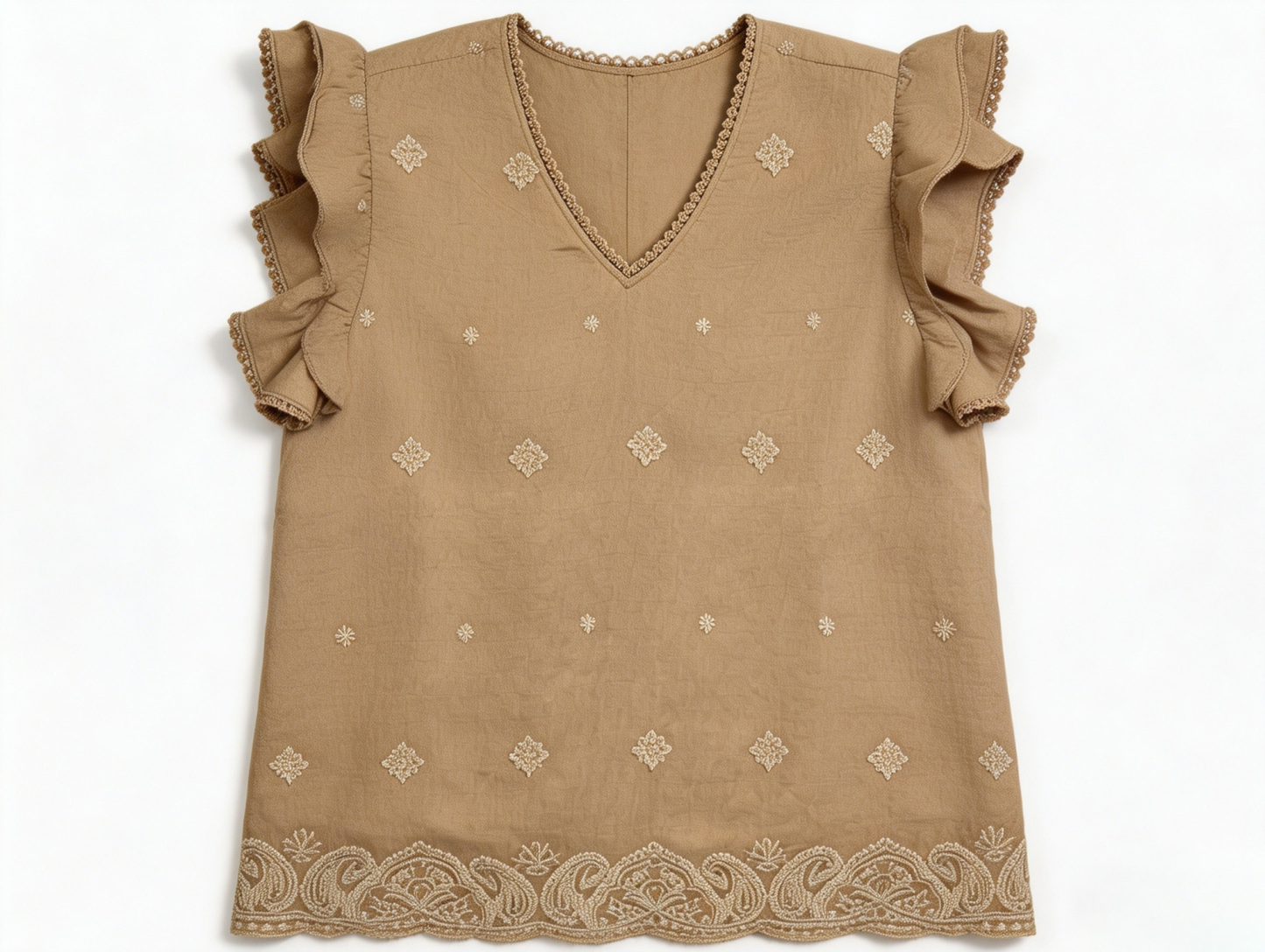 White Gold Paisley Embroidered Ruffle Sleeve Blouse - Boho V-Neck Top AN-710001