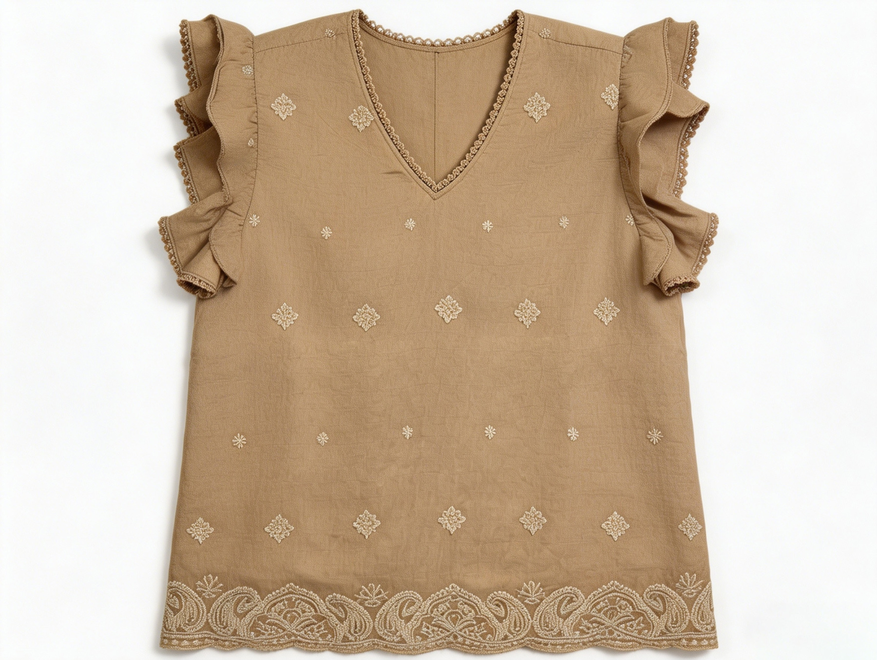 White Gold Paisley Embroidered Ruffle Sleeve Blouse - Boho V-Neck Top AN-710001