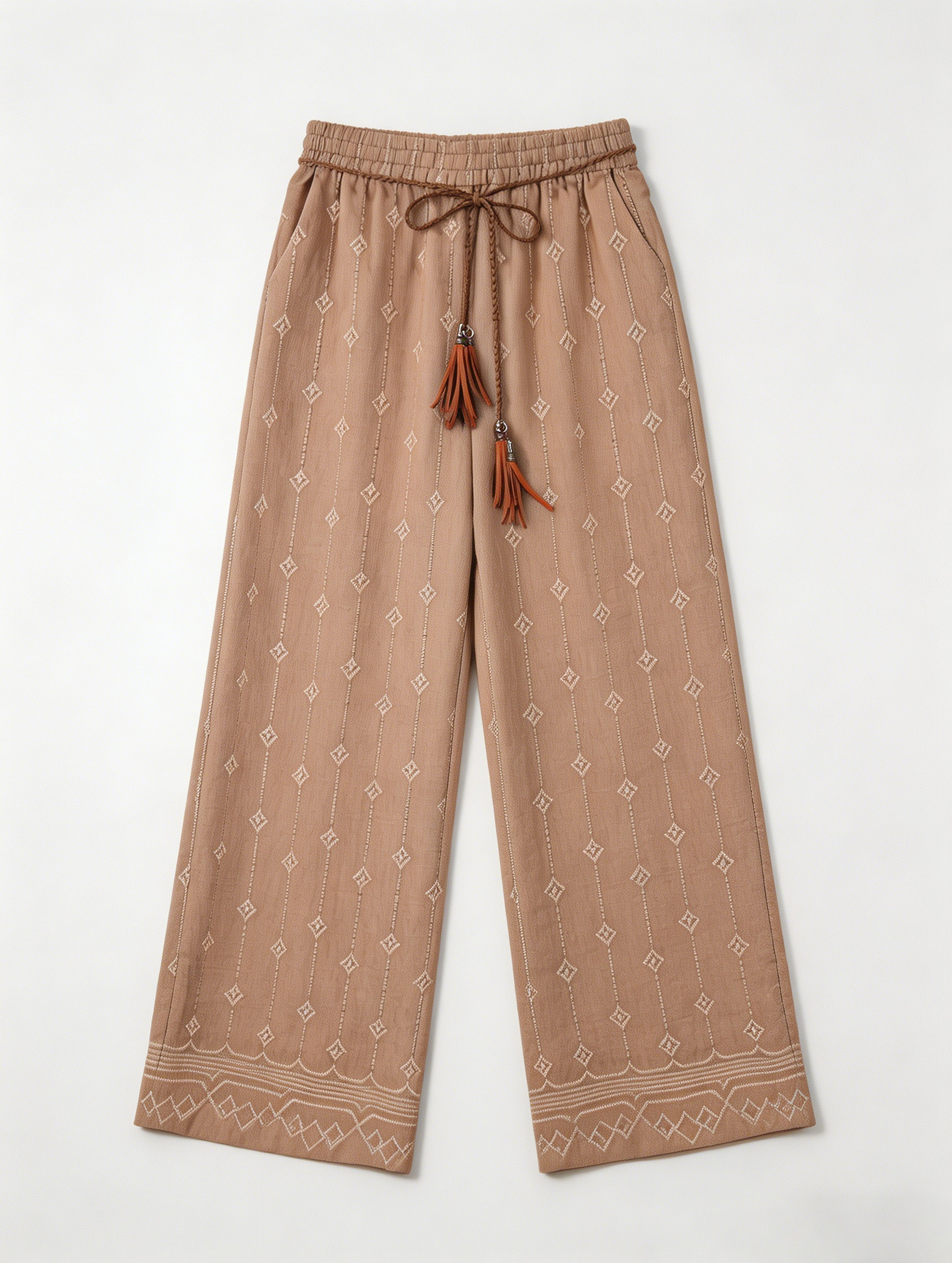 Bohemian Embroidered Pants – Elastic Waist Tassel Resort Bottoms D-41240