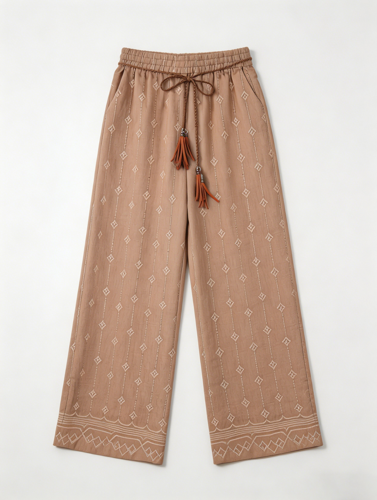 Bohemian Embroidered Pants – Elastic Waist Tassel Resort Bottoms D-41240