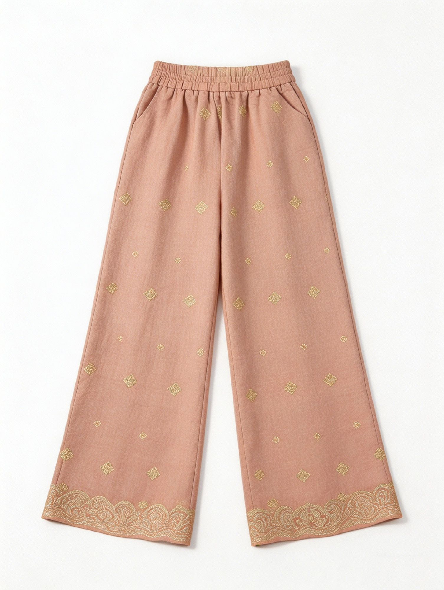 Chic  Gold Embroidered Trousers - High Waist Boho Wide Leg Pants  AN-710002