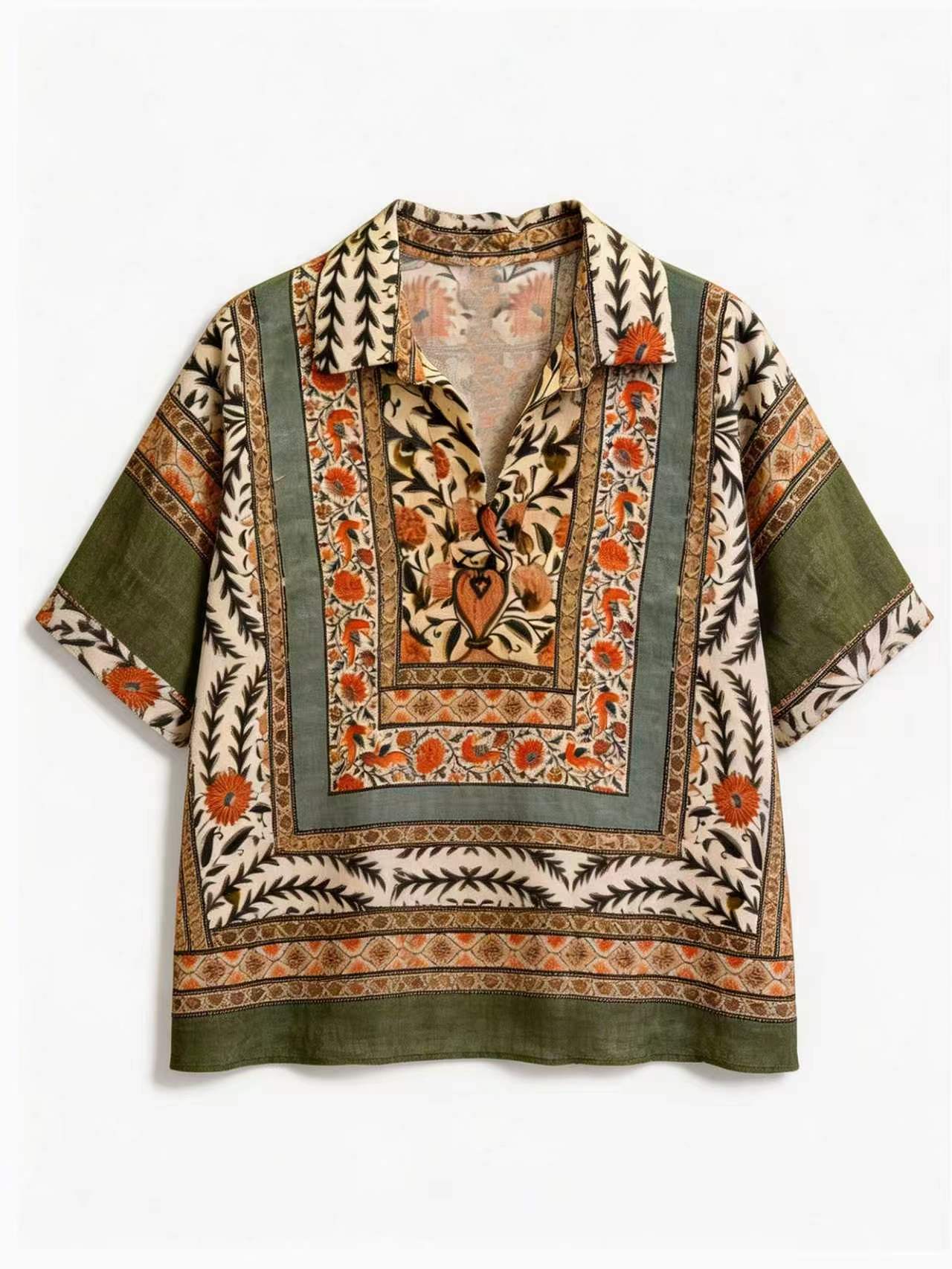 Boho Scarf Print V-Neck Camp Collar Relaxed Shirt AN-620049