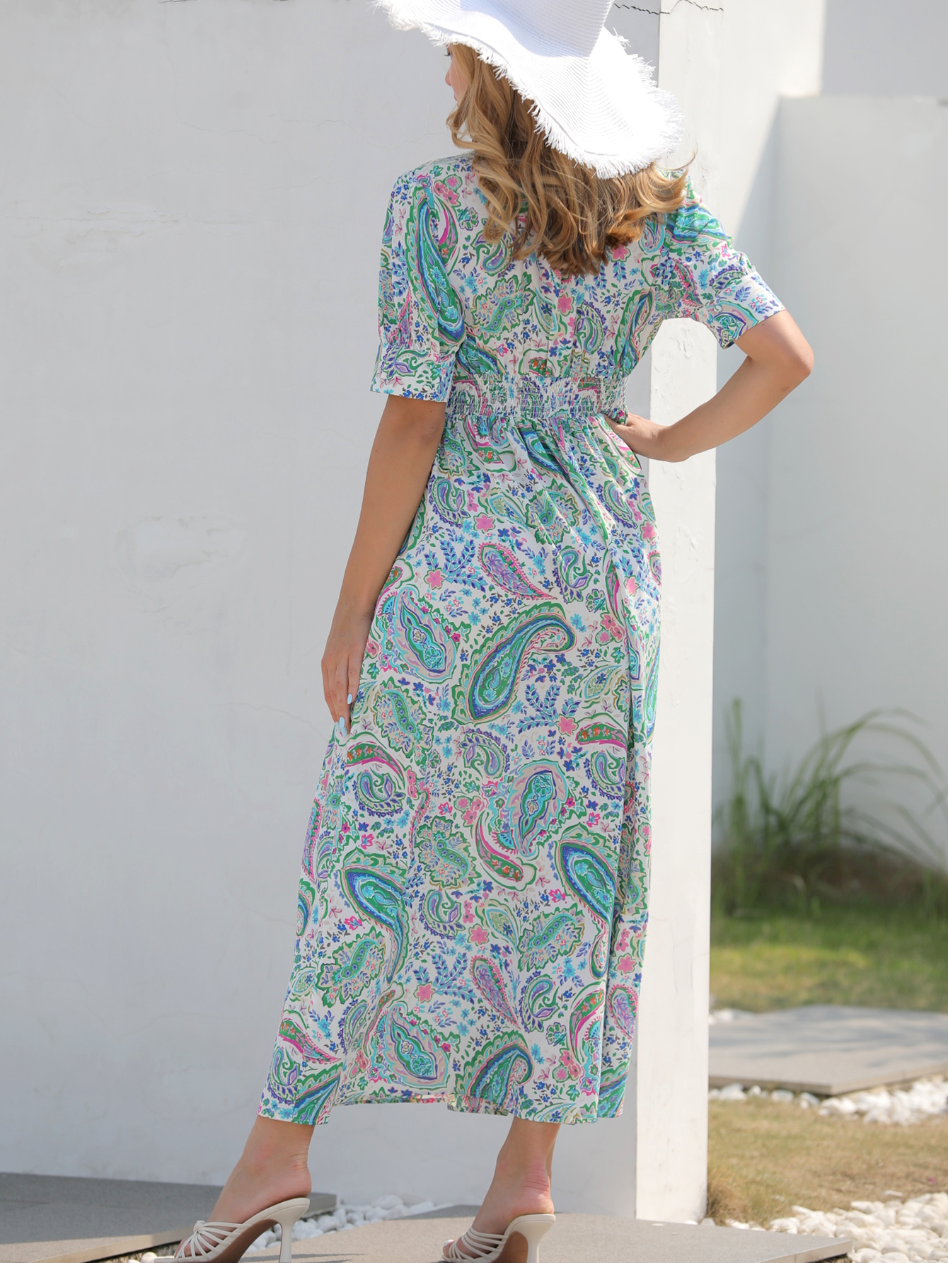 Women’s Boho Paisley Print V-Neck High Waist Maxi Dress W-32441