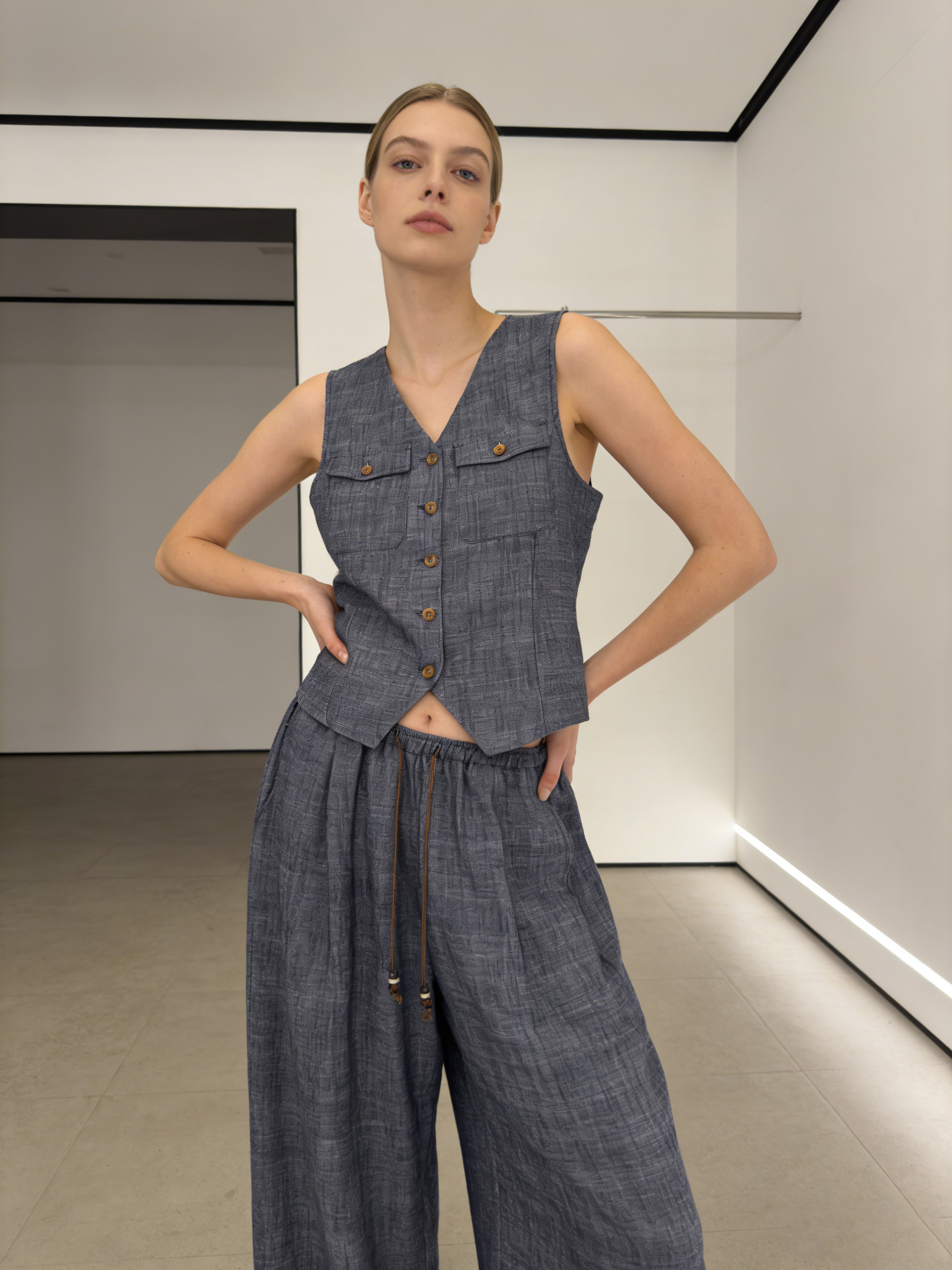 Boho Blue Grey Linen Suit - V-Neck Vest & Drawstring Wide Leg Pants  C-41743A+C-41763A