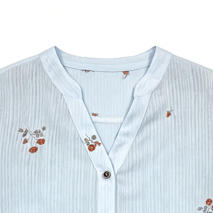 Women's V-Neck Button Down Blouse - Textured Vertical Stripe & Floral Print Shirt A-42524