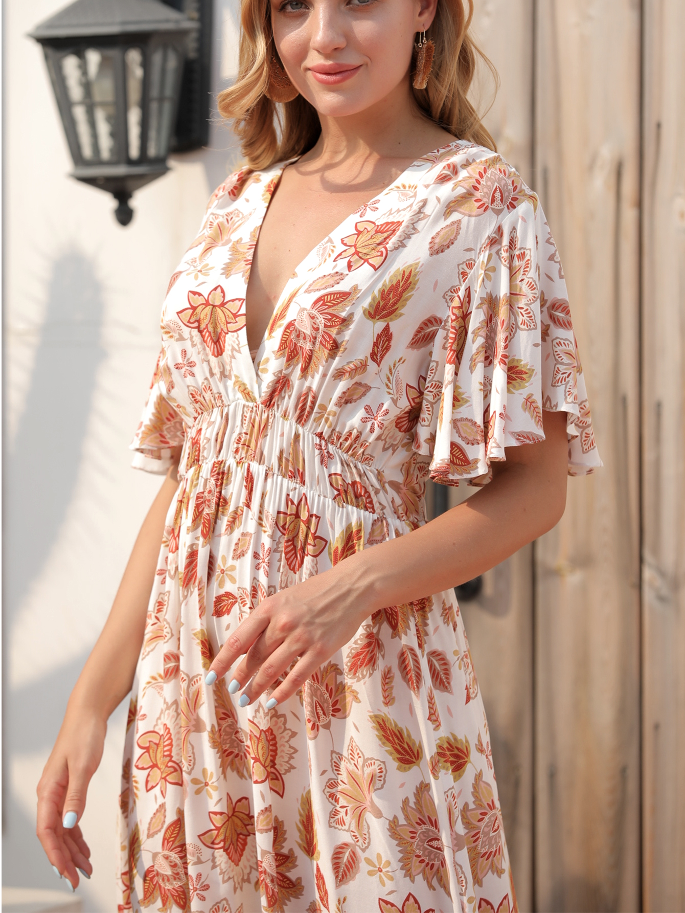 Women’s Boho Floral V-Neck Flutter Sleeve Midi Dress W-32107
