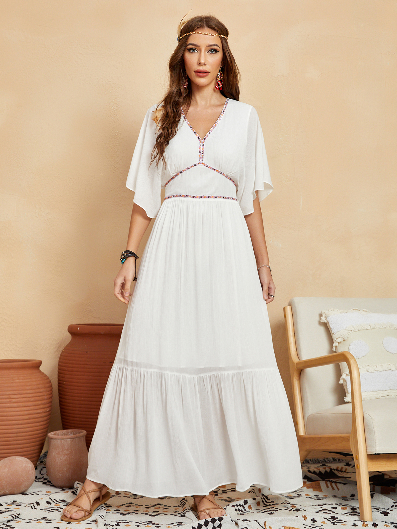 Women’s Boho V-Neck Ethnic Trim Flowy Maxi Dress D-34634