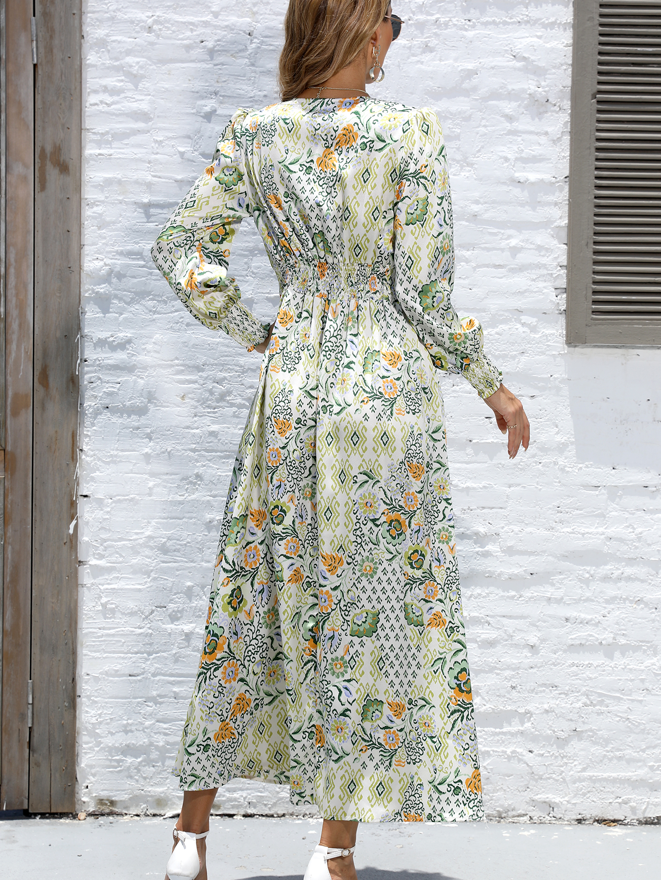Boho Floral V-Neck Long Sleeve Empire Waist Midi Maxi Dress W-33174