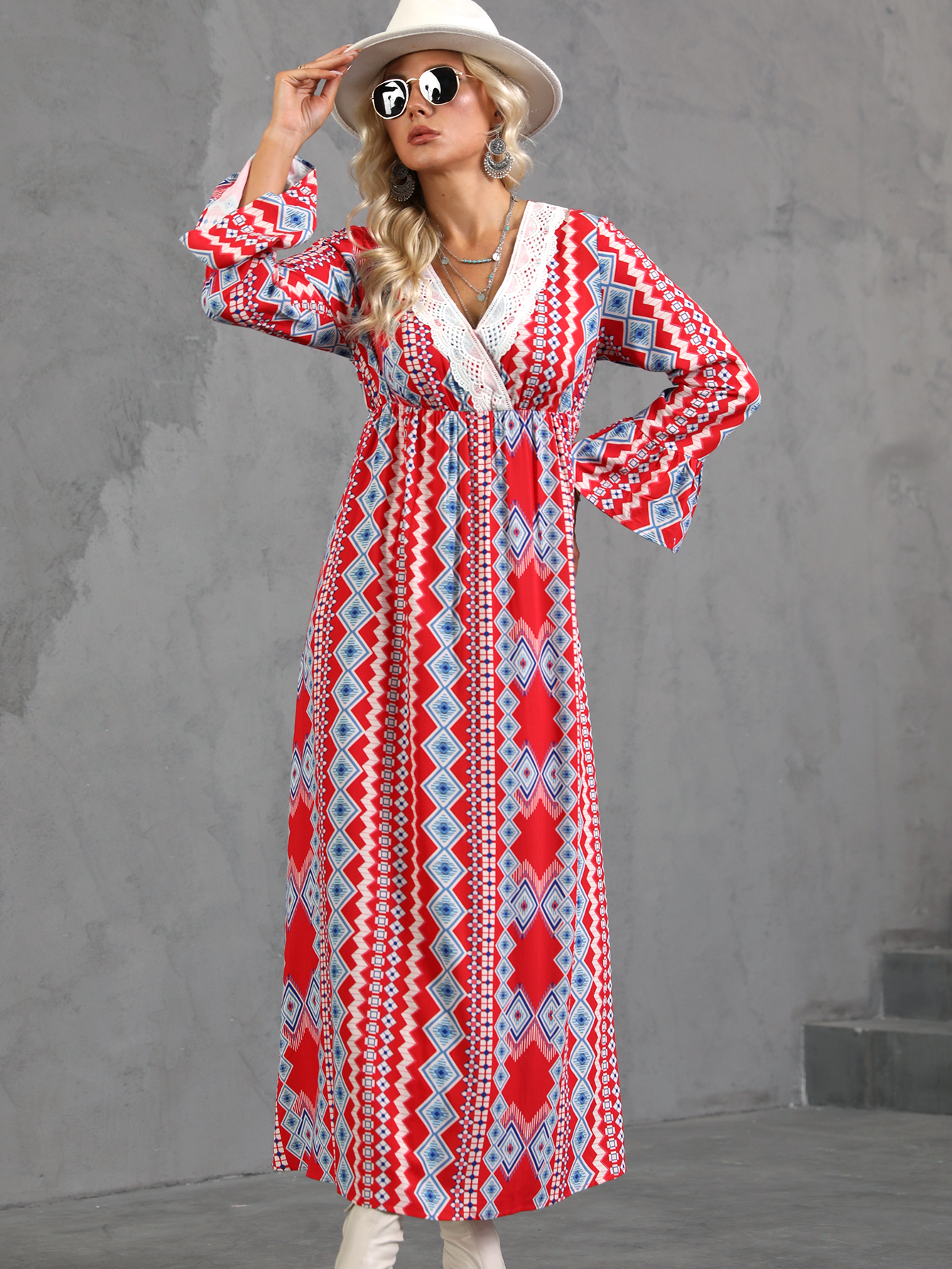 Women’s Boho Geometric Maxi Dress with Long Sleeves & V-Neck Lace – Ethnic Style D-33379